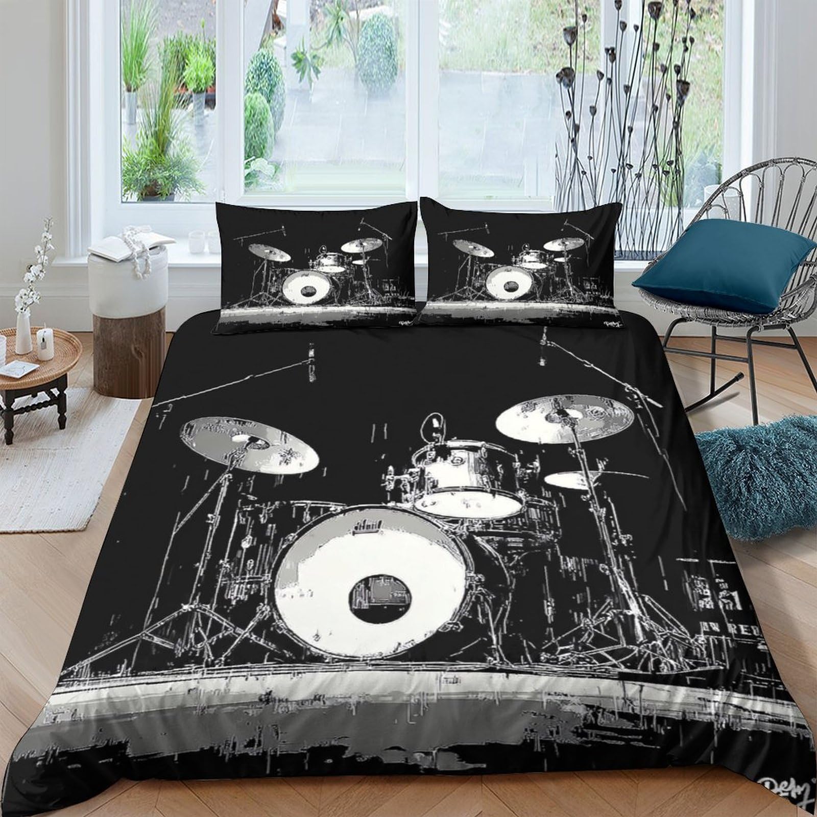 GPLZQXKJNH 3D Printed Drum Set Duvet Cover Microfiber Black Music Band Quilt Cover with 2 Pillowcases for Bedroom Decor Single（135x200cm）