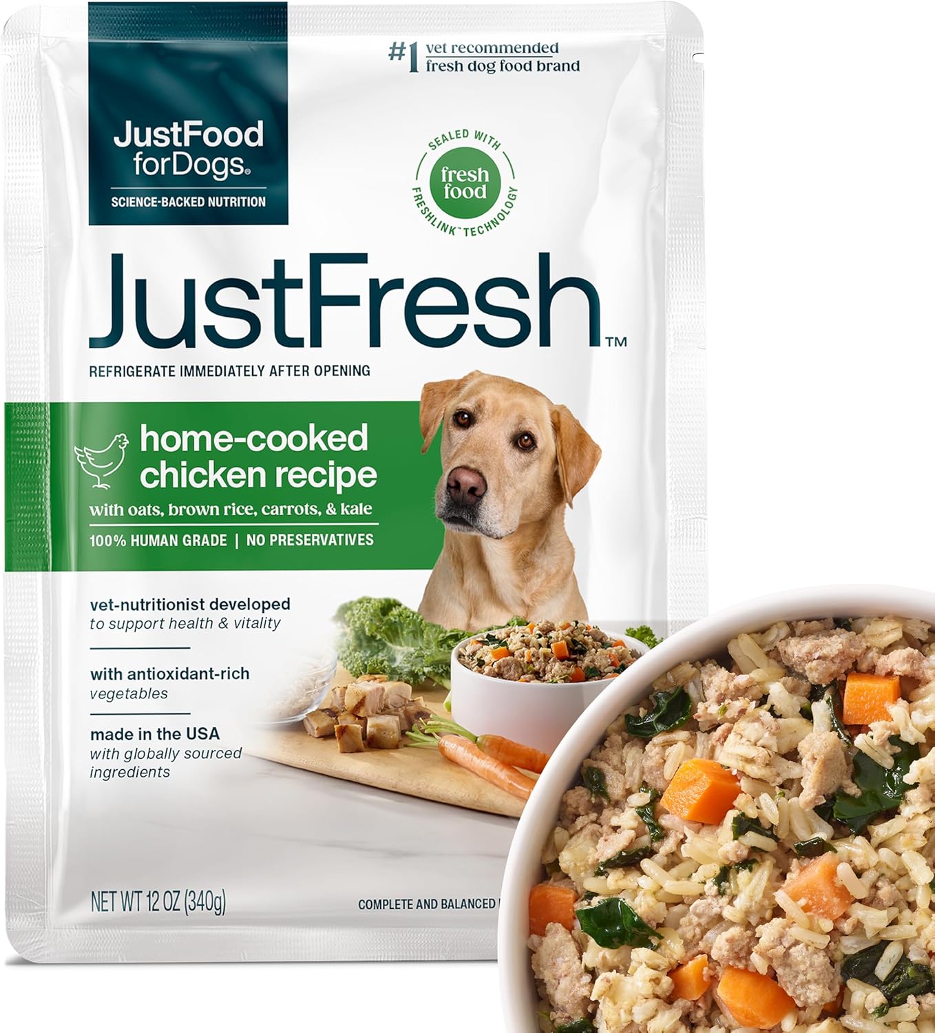 JustFoodForDogs JustFresh Wet Dog Food, Fresh Pet Meals and Toppers with No Preservatives, Resealable Package, Human Grade, Home-Cooked Chicken, 12 oz - 7 Pack