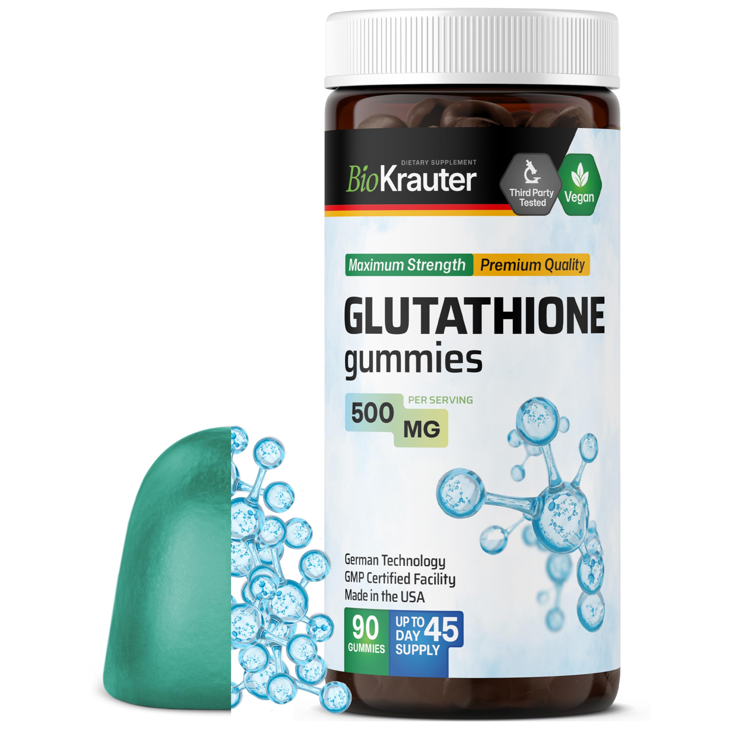 BIO KRAUTER L-Glutathione Gummies - 500 mg - 90 Vegan Chews - Reduced Glutathione Supplement - Antioxidant Supplement