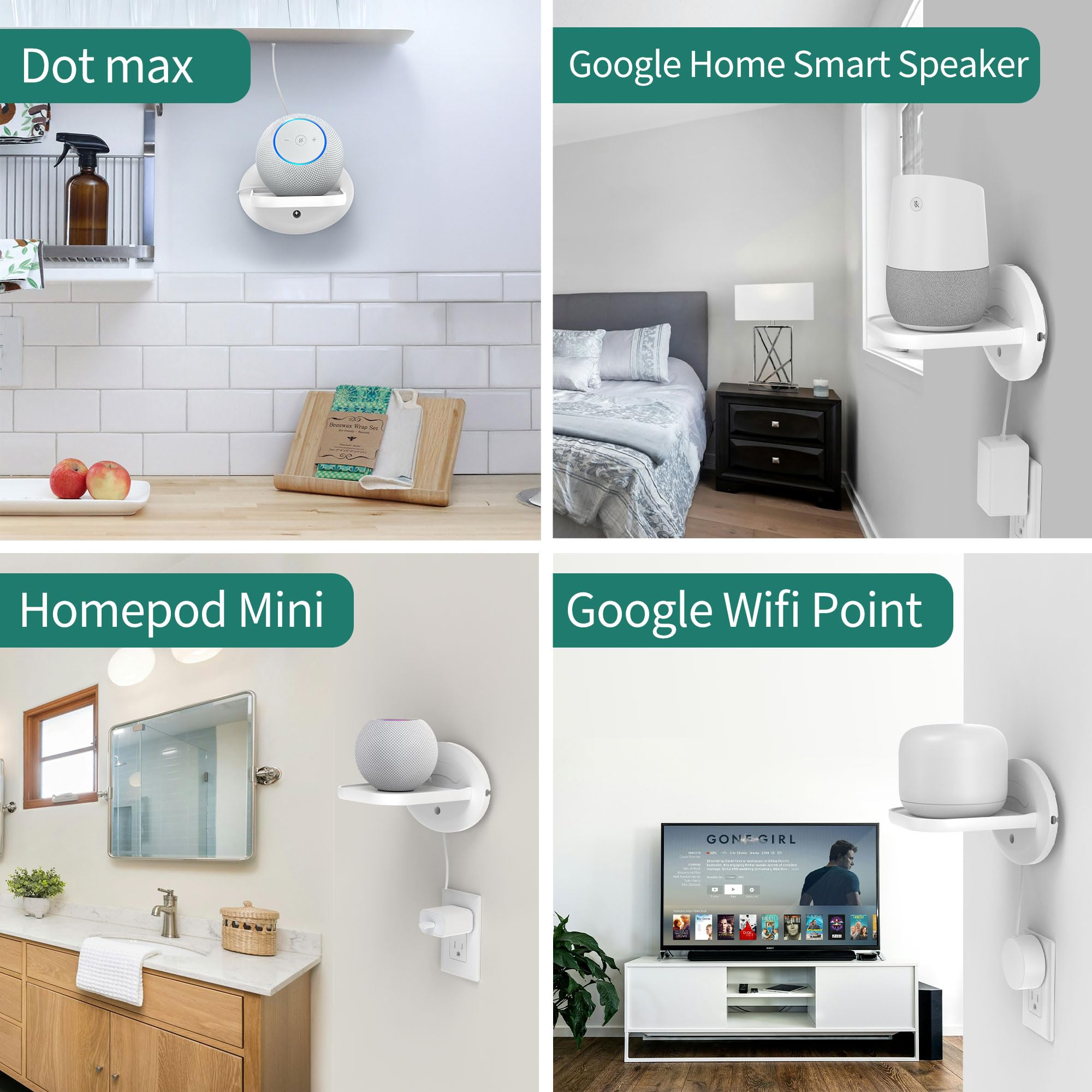 HomeMount Supporto da Parete per Show 11 e Dot Max, Supporto Universale per HomePod Mini, Google Nest Mini, Nest Wi-Fi Point & Cam – Salvaspazio con Gestione Cavi Integrata (Bianco - 1P)
