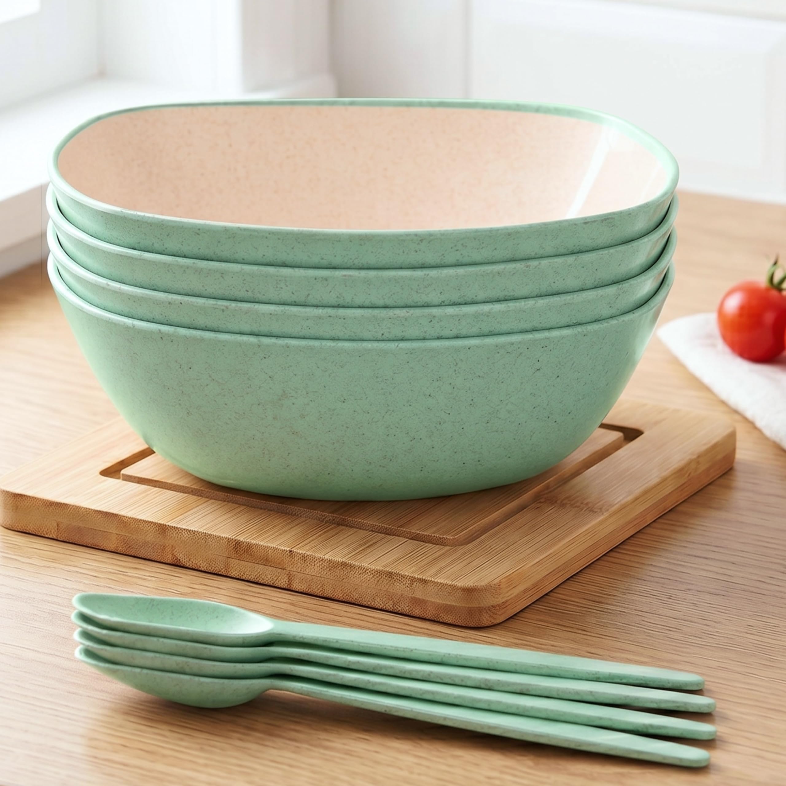 Eha Set of 4 Earth-Friendly Multipurpose Bowls for Kitchen with Spoons | 750 ml | Made with Rice Husk Biocomposite| Microwave Safe Bowl | for Hot & Cold Serving Bowl Set | Celeste