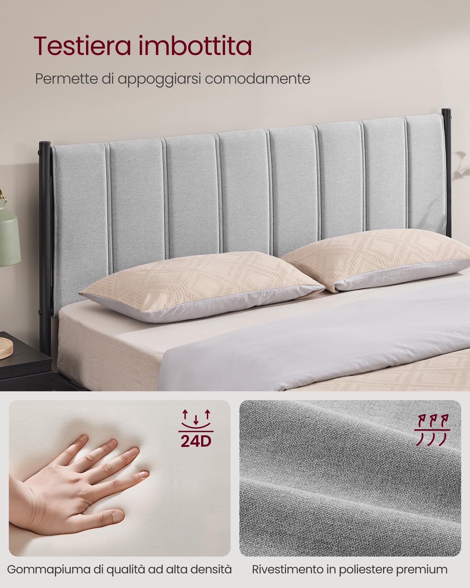 VASAGLE Struttura Letto Matrimoniale, 160 x 200 cm, con Testiera Imbottita, Telaio del Letto, Doghe in Acciaio, Regge fino a 500 kg, Montaggio Facile, Grigio Tortora RMB975G01