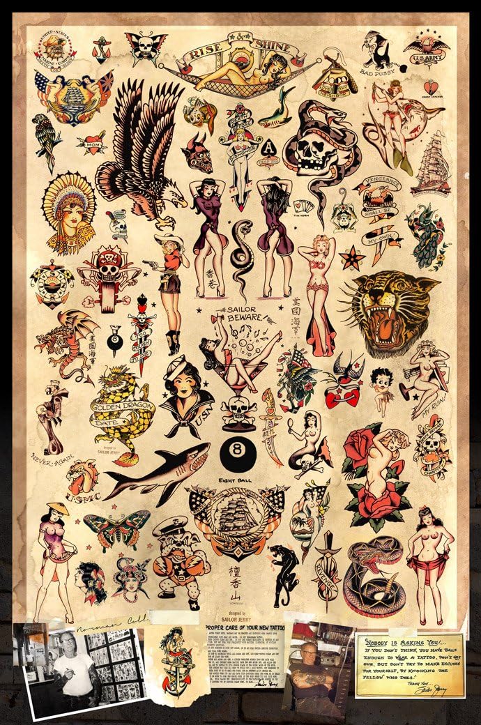 Sailor Jerry Tattoo Flash (Style A) Poster 24x36" (60.96 x 91.44 cm) A Certified PosterOffice Print with Holographic Sequential Numbering for Authenticity