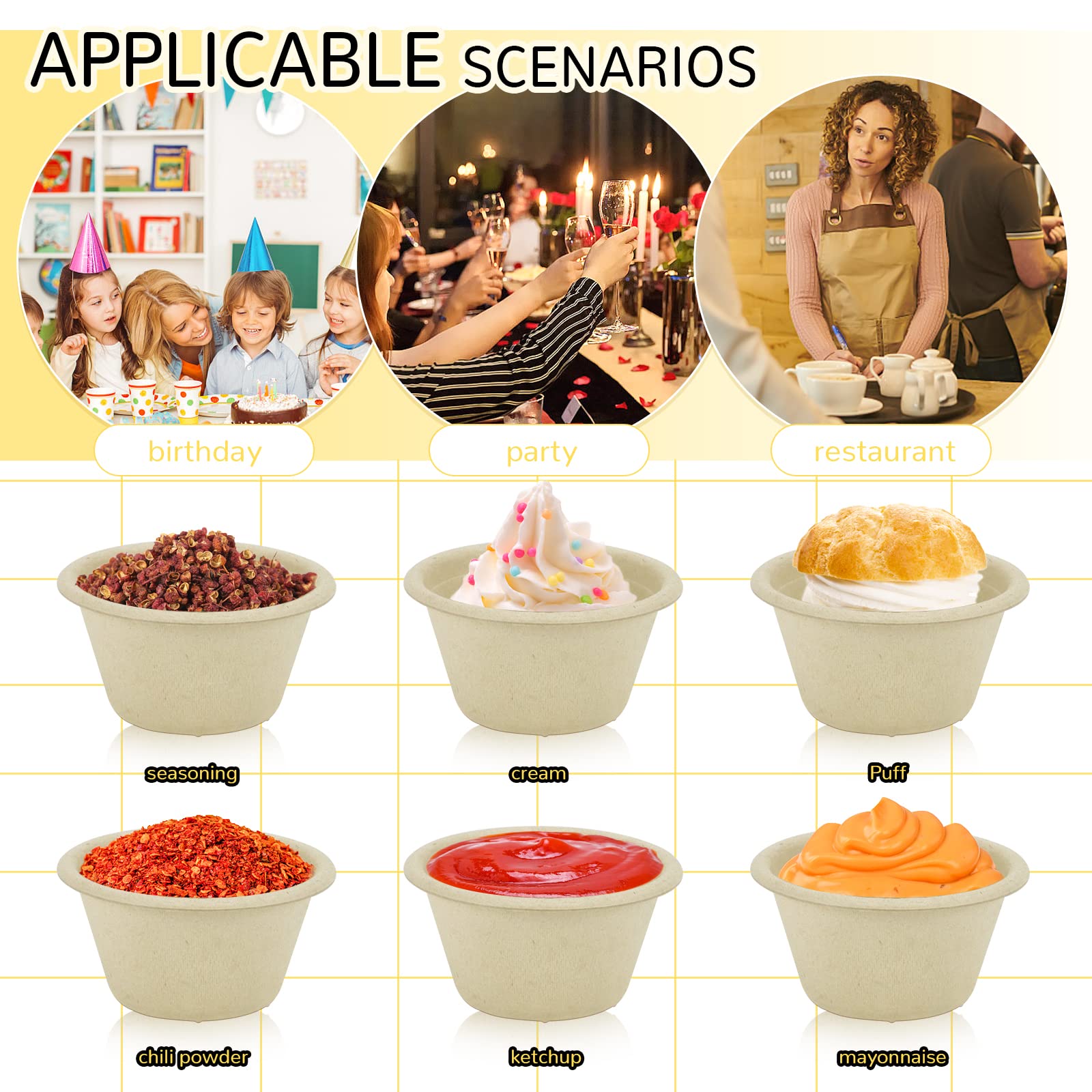 LeonBach Paquete de 200 tazas de salsa de fibra de bagazo natural de 2 onzas, condimentos de papel, muestras de aperitivos, recipientes de alimentos, taza de inmersión pequeña