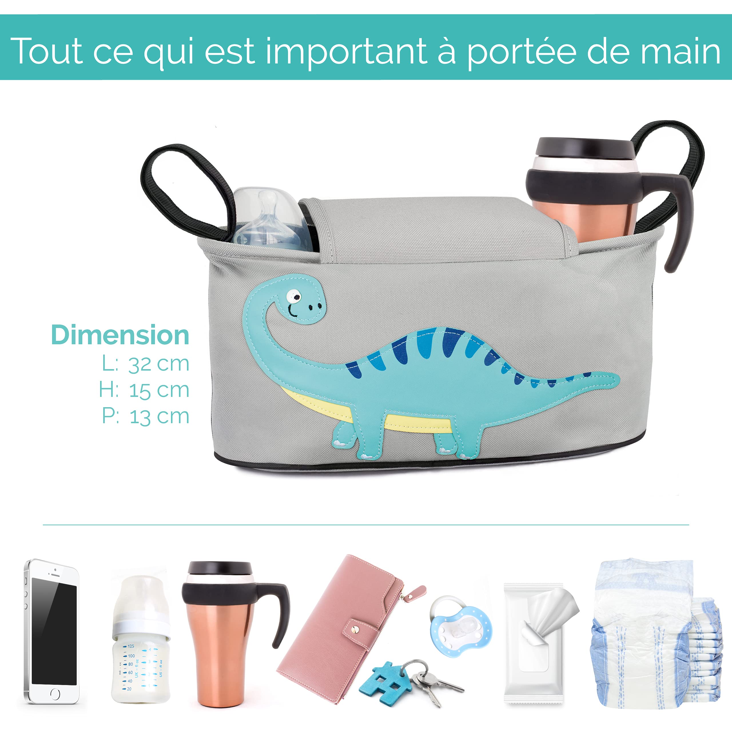 GLÜCKSWOLKE Sac Organisateur Poussette – 6 Motifs I Sac pour Landau I Pochette avec Distributeur de Lingettes I Baby Bebe Accessoire Garcon et Fille I Sacoche de Rangement - Motif Dinosaure Gris