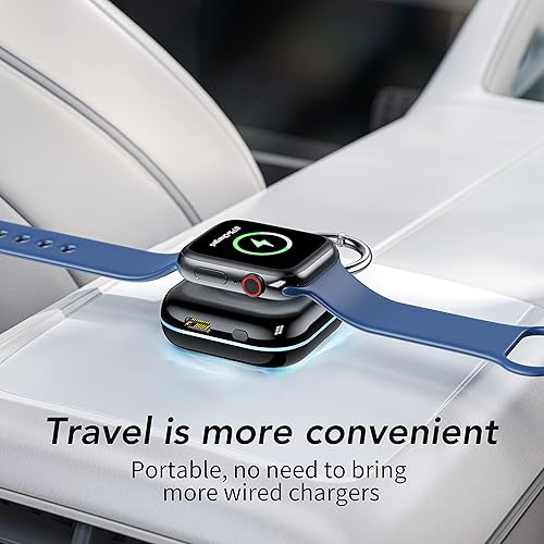 Miniatura 7 de HUOTO - Cargador portátil para Apple Watch, cargador magnético inalámbrico para iWatch de 1200 mAh, batería externa para viajes, llavero, Negro