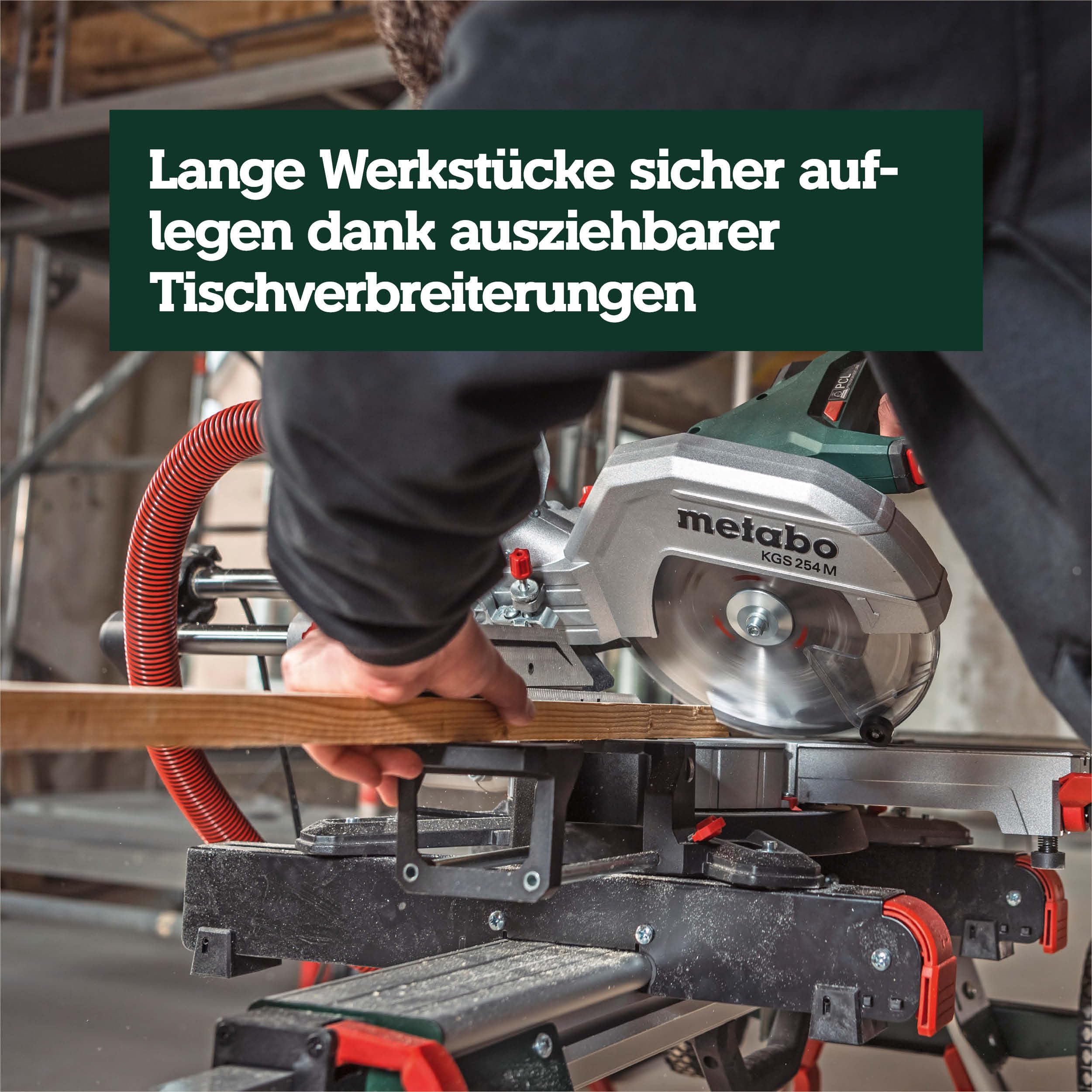 metabo Kapp- und Gehrungssäge KGS 254 M, Zugfunktion, 254 mm Sägeblatt | Präzise LED Schnittlinie PCL, Sanftanlauf, inkl. Sägeblatt Precision Cut Wood, Materialklemme & Spänefangsack