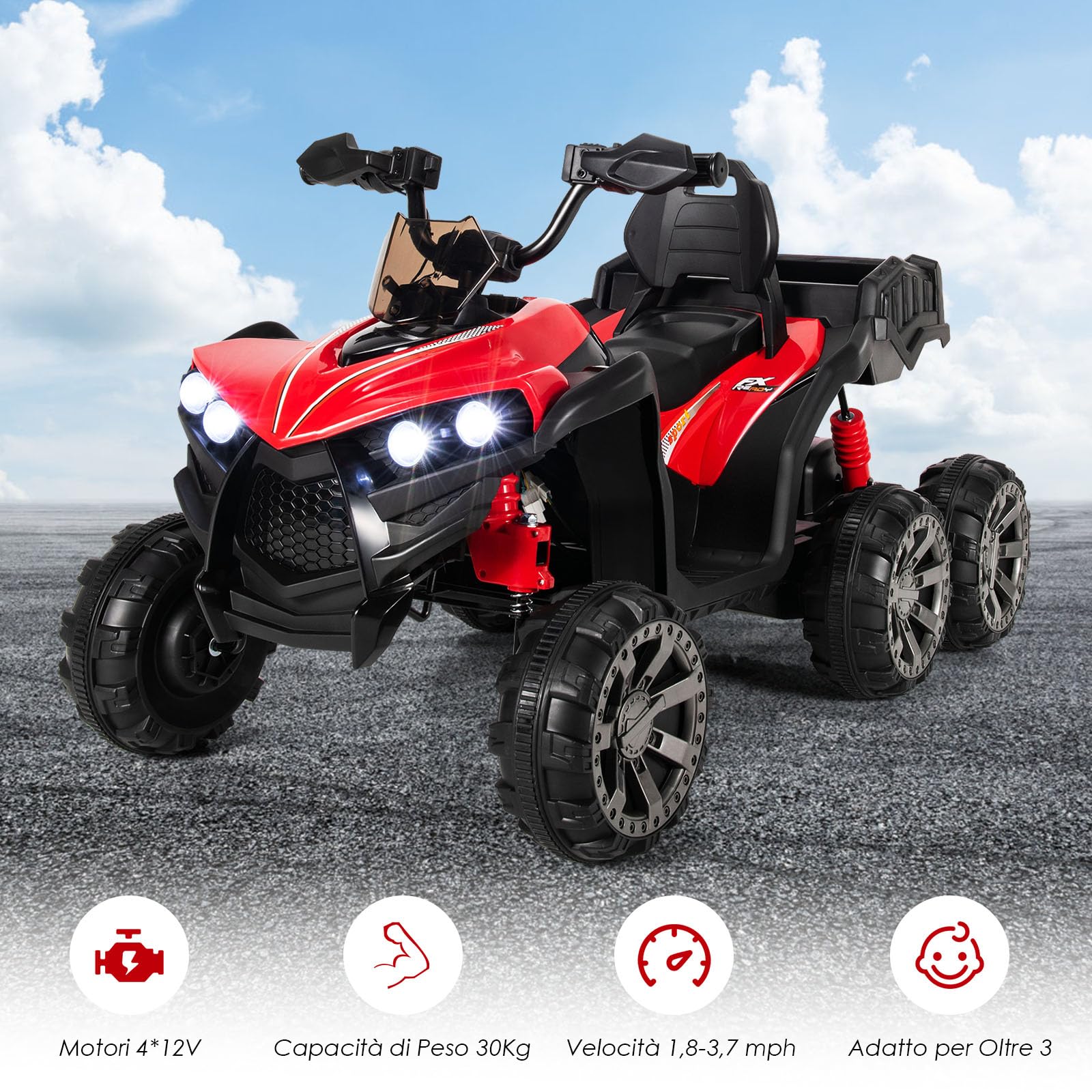 COSTWAY 12V Quad Elettrico per Bambini, Macchina Elettrica per Bambini con 6 Ruote 4 Motori Baule Posteriore Luci LED e Musica, Trazione Integrale, 3-6 km/h, 3 Anni+ (Rosso)