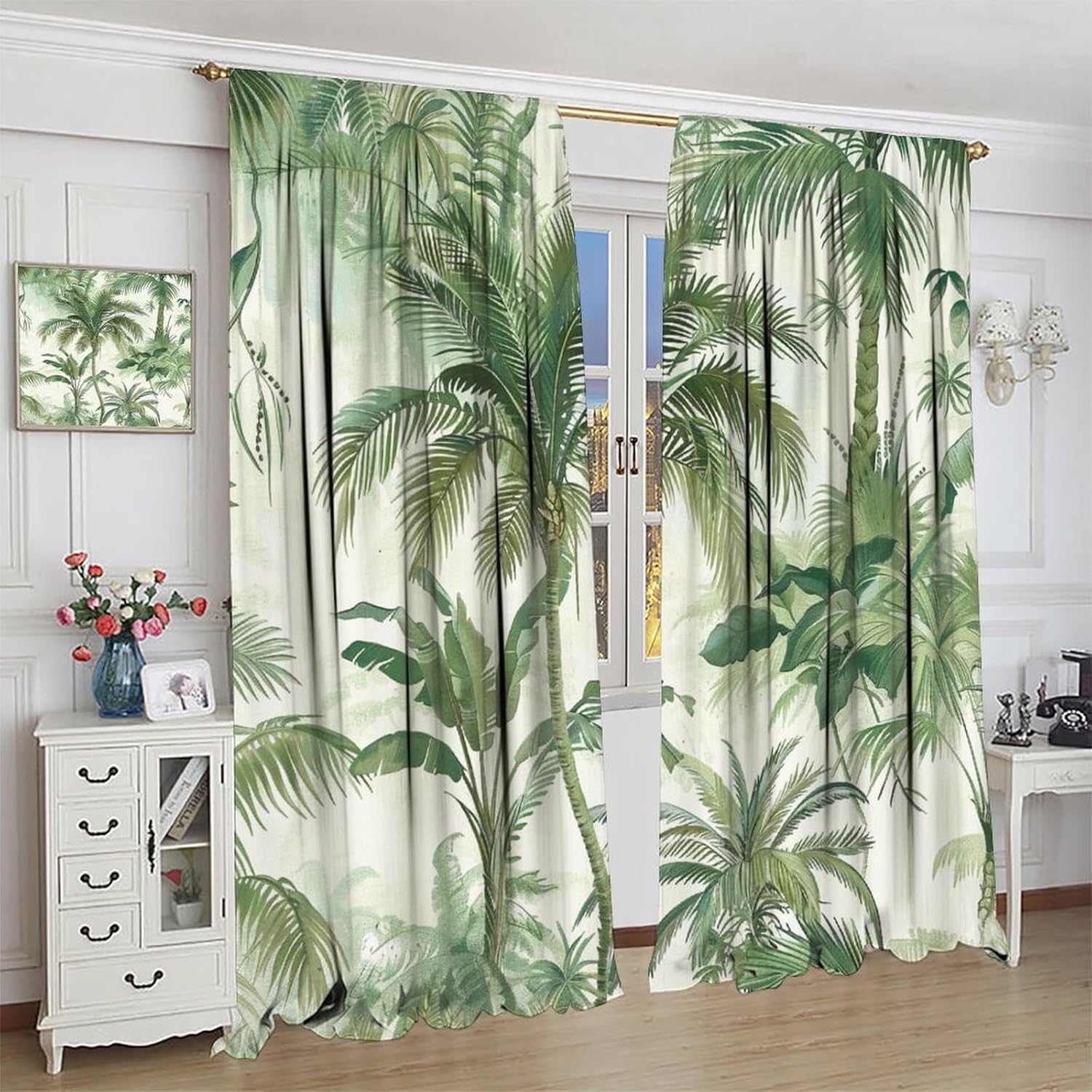 Nature Rainforest Blackout Curtains for Bedroom/Living Room, Green Palm Tree Leaves Thermal Insulated Curtains Rod Pocket Window Drapes, 2 Panels/Each 21" W x 63" L