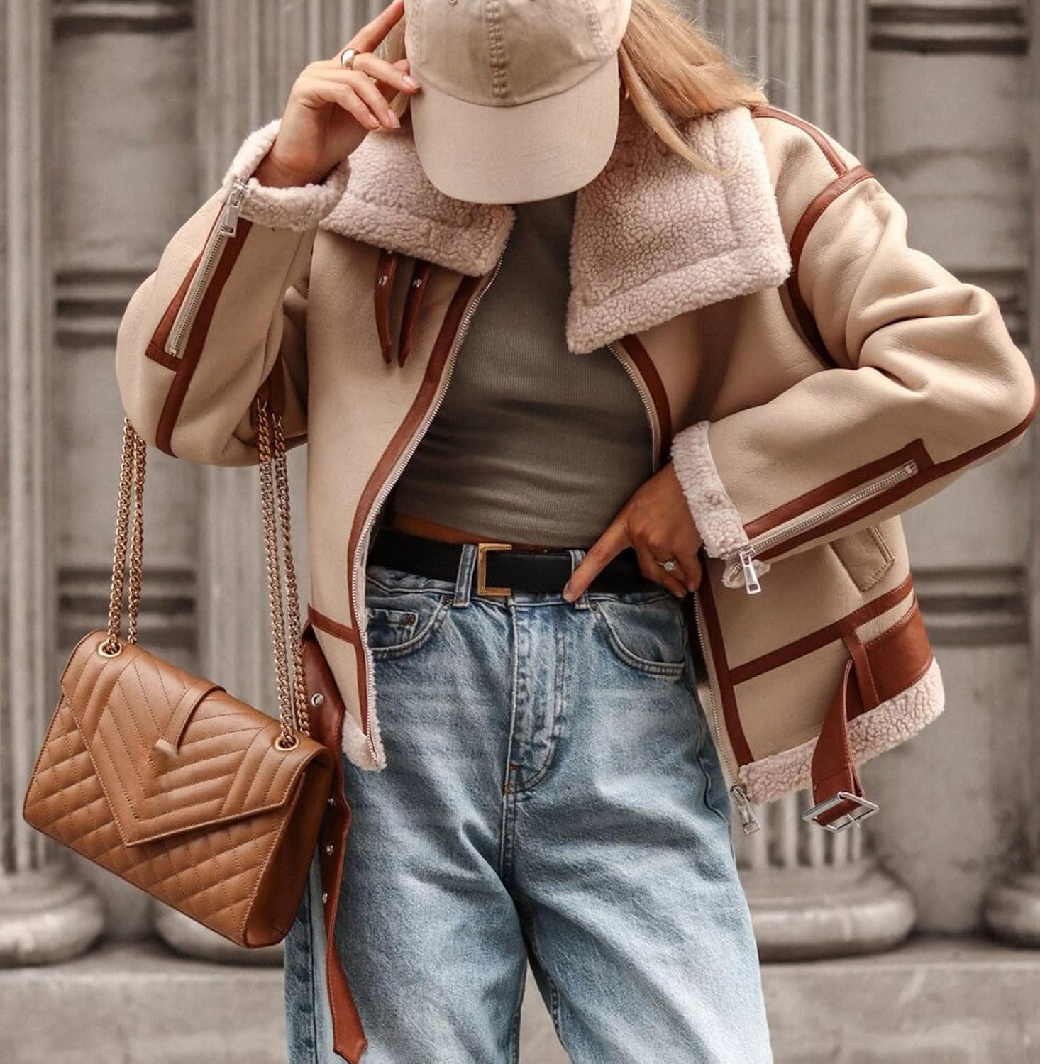 loveimgs Women Sherpa Lined Leather Jacket Oversized Faux Suede Jacket Shearling Coats Moto Aviator Biker Jackets Winter 2025