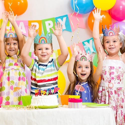 Vista 5 de Kathfly Sombreros de fiesta de cumpleaños arcoíris con corona de arco iris para cumpleaños de niños, eventos, suministros de fiesta temática de arco