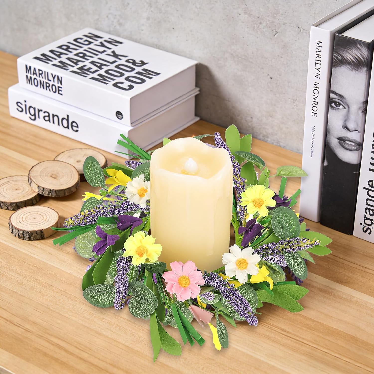 8 Pcs Spring Candle Rings Wreaths, 3.6 Inch Mini Artificial Floral Daisy Wreath for Pillar Candles, Spring Summer Home Kitchen Cabinet Tabletop Decoration, Wedding Party Candelabra Holder