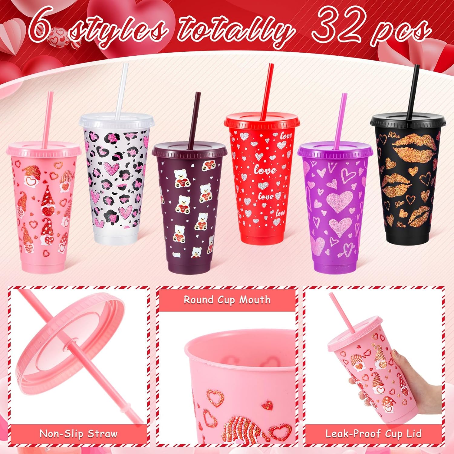 Uiifan 24 Pcs Valentine‘s Day Plastic Cup with Lid and Straw 24oz Reusable Cups for Friends Family Valentine‘s Day Gifts Party Supplies Favor(Classic)