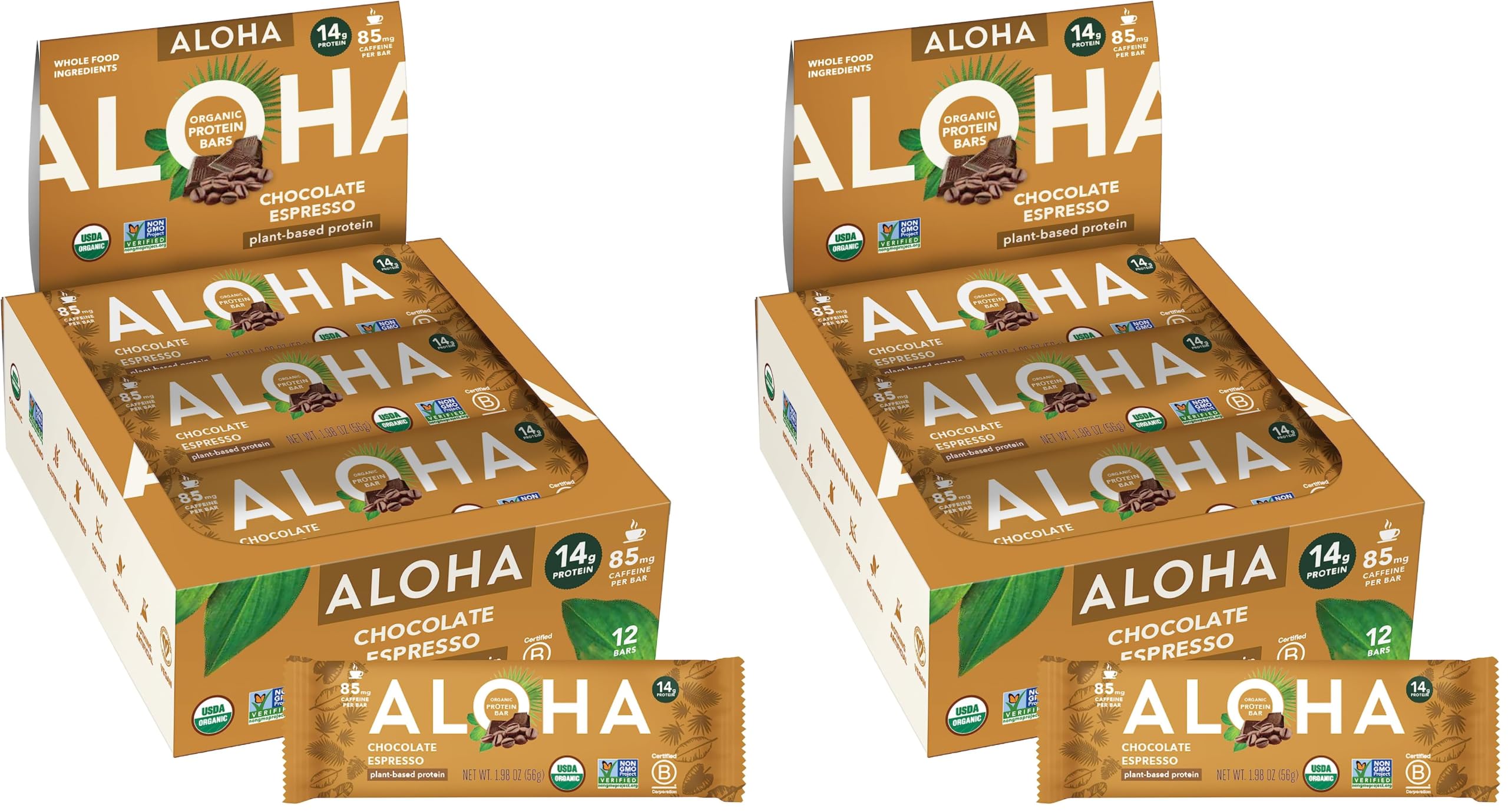 ALOHA Organic Plant Based Protein Bars - Chocolate Espresso (85mg Caffeine) - 12 Bars, Vegan, Low Sugar, Gluten-Free, Paleo, Low Carb, Non-GMO, No Stevia, No Erythritol (Pack of 2) Chocolate Espresso 12 Count (Pack of 2)