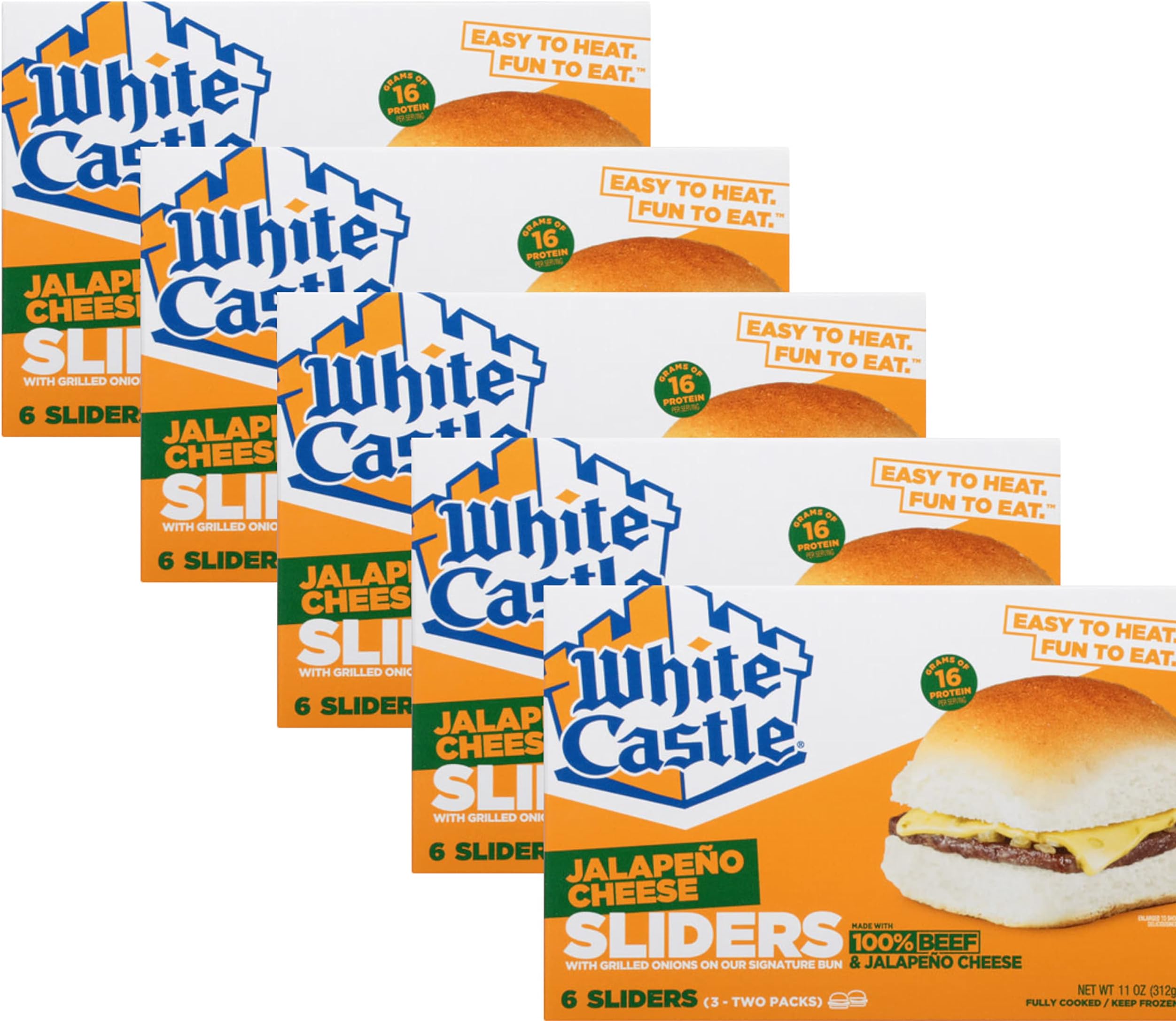 White Castle Jalapeno Cheeseburgers with Grilled Onions on Our Signature Bun - 16g of Protein Per Serving - Ready Set Gourmet Donate a Meal Program - 5 Pack (11oz Each)