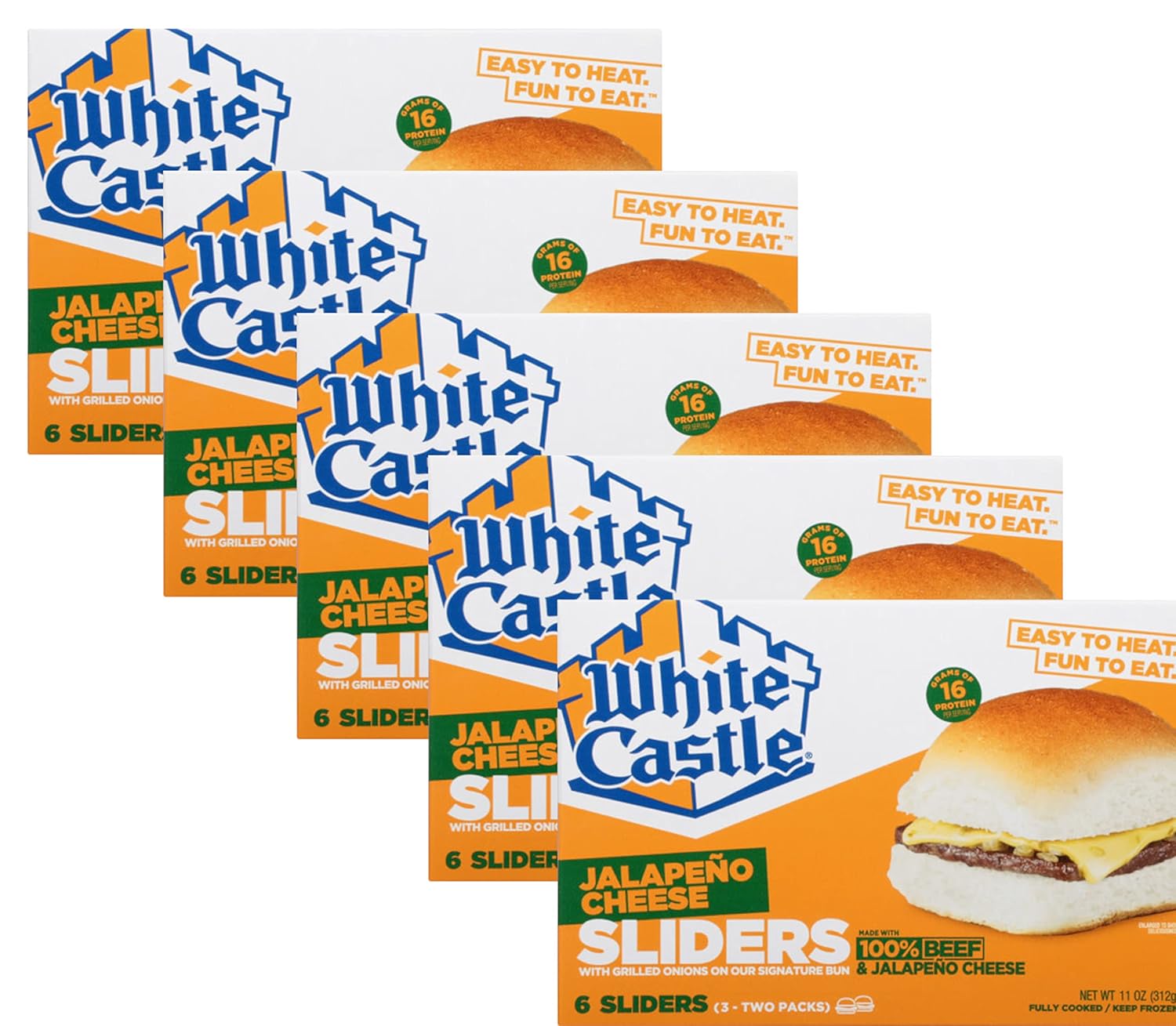 White Castle Jalapeno Cheeseburgers with Grilled Onions on Our Signature Bun - 16g of Protein Per Serving - Ready Set Gourmet Donate a Meal Program - 5 Pack (11oz Each)