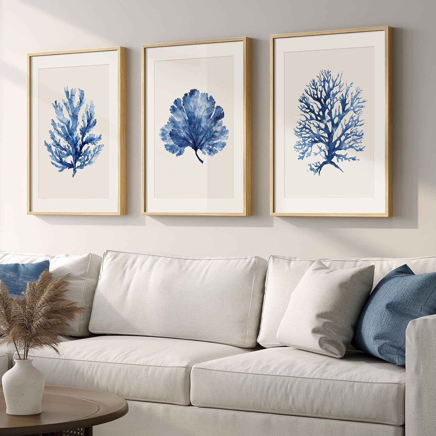 Framed Coastal Coral Wall Art for Living Room, Large Navy Blue Watercolor Coral Artwork for Walls, 3 Piece Minimalist Ocean Beach Marine Plants Pictures Prints for Bedroom Hallway Wall Decor, 16x24 In 16" W x 24" H x 3Pcs 3 Piece with Mat-Coastal Coral