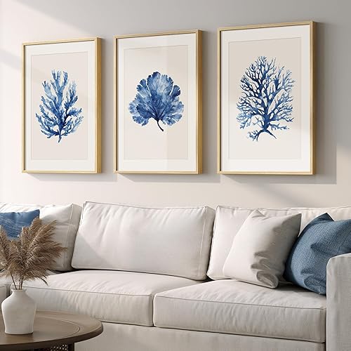 Framed Coastal Coral Wall Art for Living Room, Large Navy