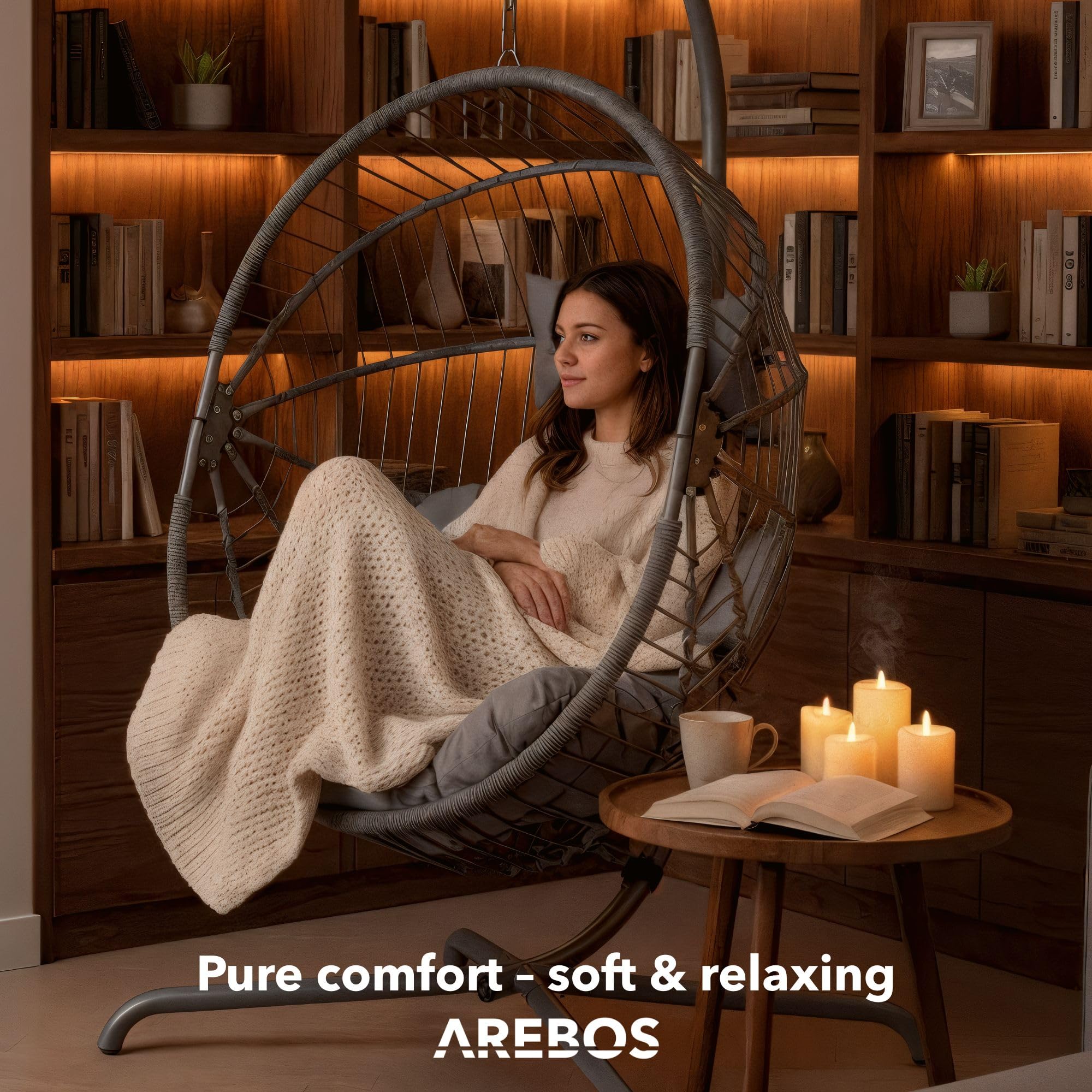 Arebos Silla Colgante de Jardín con Soporte, Sillón Huevo Exterior e Interior, Altura Regulable 160-180cm, Hamaca con Estructura de Acero 130kg, Incluye Cojines Relax para Terraza o Balcón, Color Gris