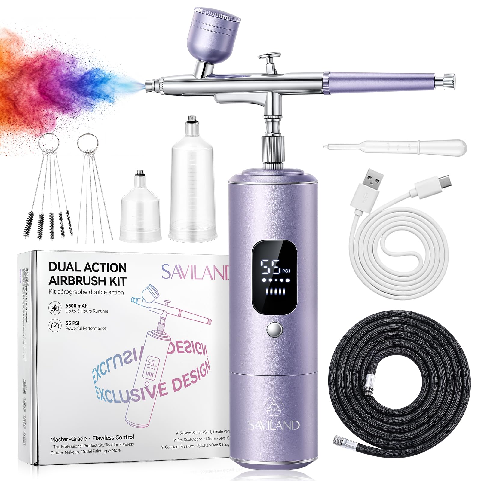 SAVILAND 55 PSI Airbrush Set mit Kompressor, Tragbares Handheld Dual Action Airbrushpistole, Verstopfungsfrei, 6500 mAh Wiederaufladbares Airbrush für Nageldesign Make-up Kuchendekoration und Salon
