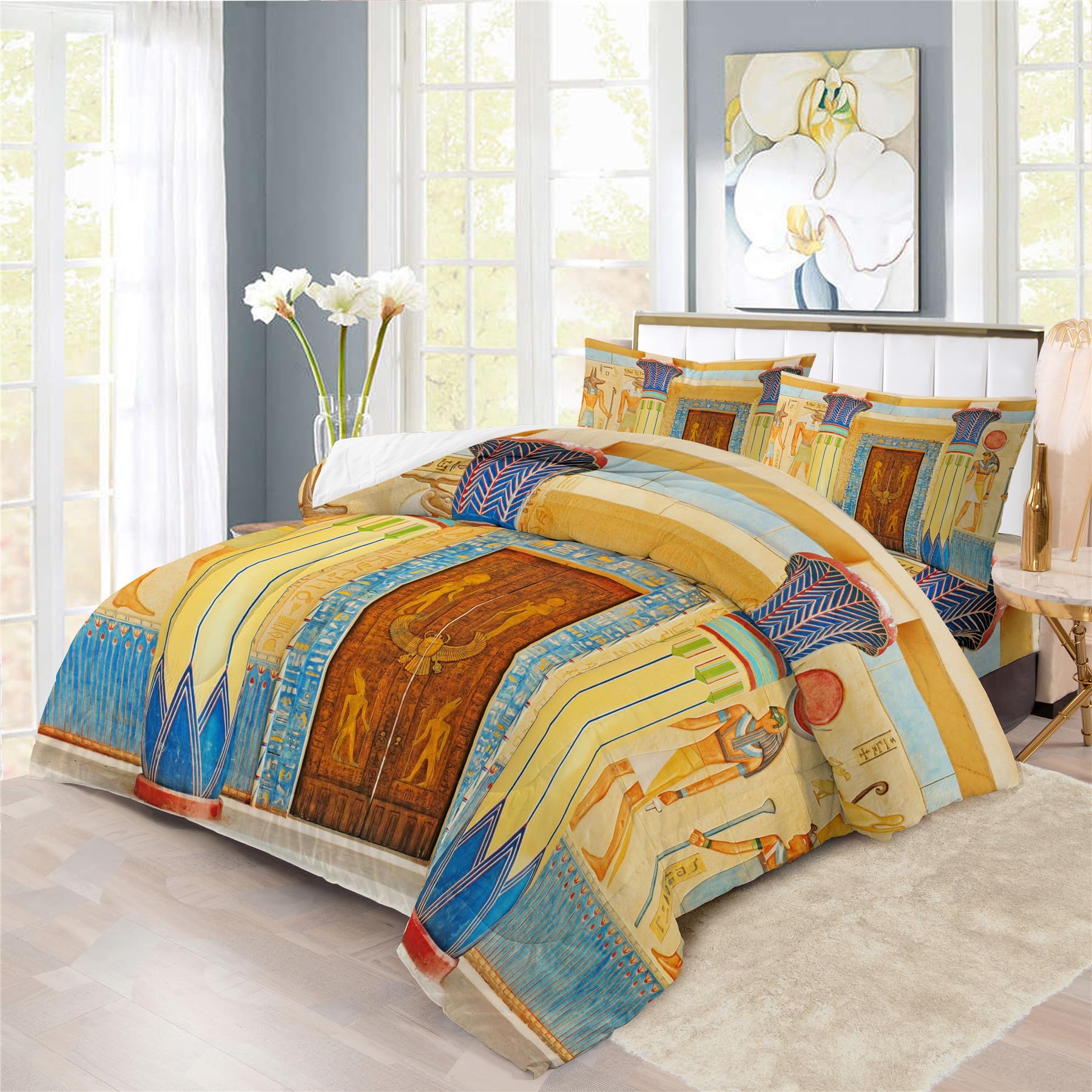 Set Piumino Antico Egitto La Cultura Set Biancheria Letto 3PCS Egitto Faraone Mummia Piramidi,Include 1 Piumino + 2 Federe (B,Piumino 3PCS-Doppio)