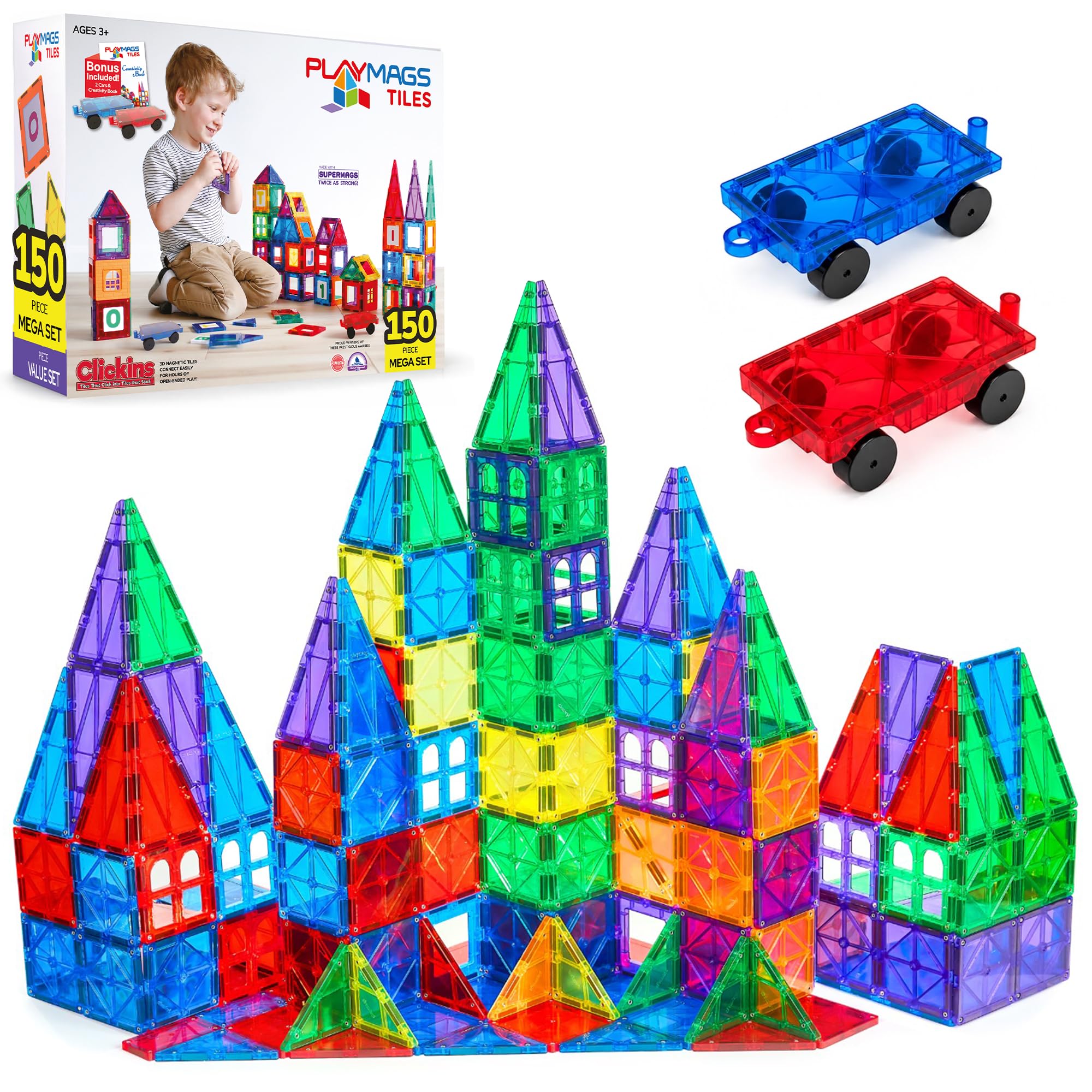 Playmags Magnetische Bausteine - Blocs De Construction Magnétiques Enfant Ensemble De 150 Mégas : Aimants Plus Puissants, Robustes, Super Durables avec des Carreaux De Couleur Clairs Et Transparents