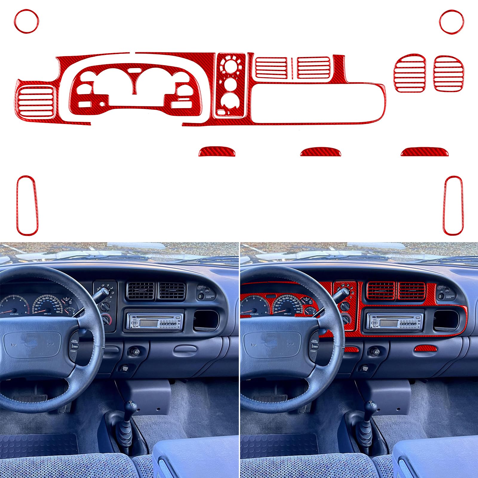 Real Quality Soft Carbon Fiber Car Complete Set of Stickers for Car Interiors Protection Decoration Decal Premium Sticker Cover Compatible with Dodge Ram 1998-2002 Interior Trim Accessories Red