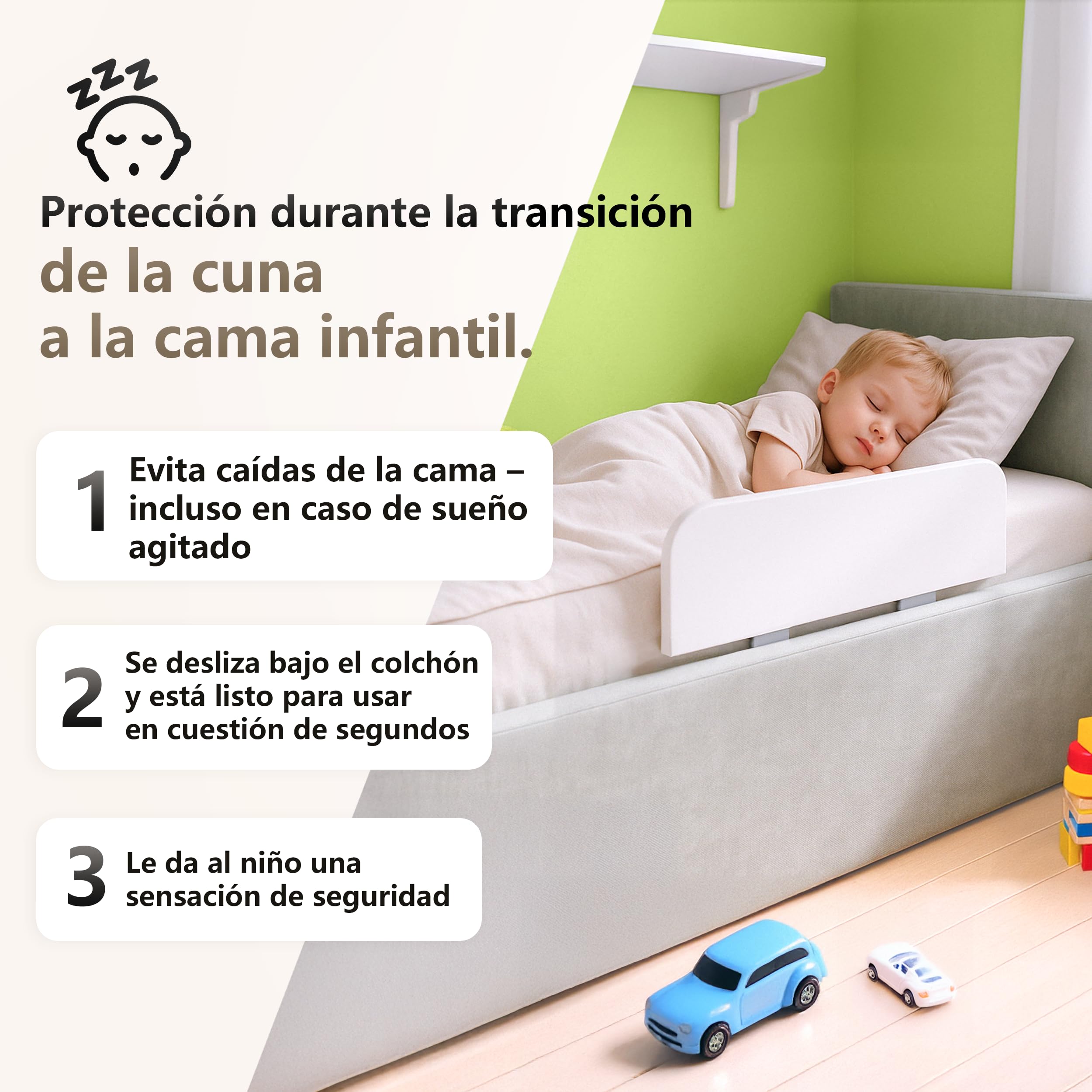 Barandilla de Cama Infantil 90 x 20 cm, Color Blanco, protección anticaídas Estable sin Necesidad de taladrar, protección de Cama de Laminado, fácil instalación Debajo del colchón