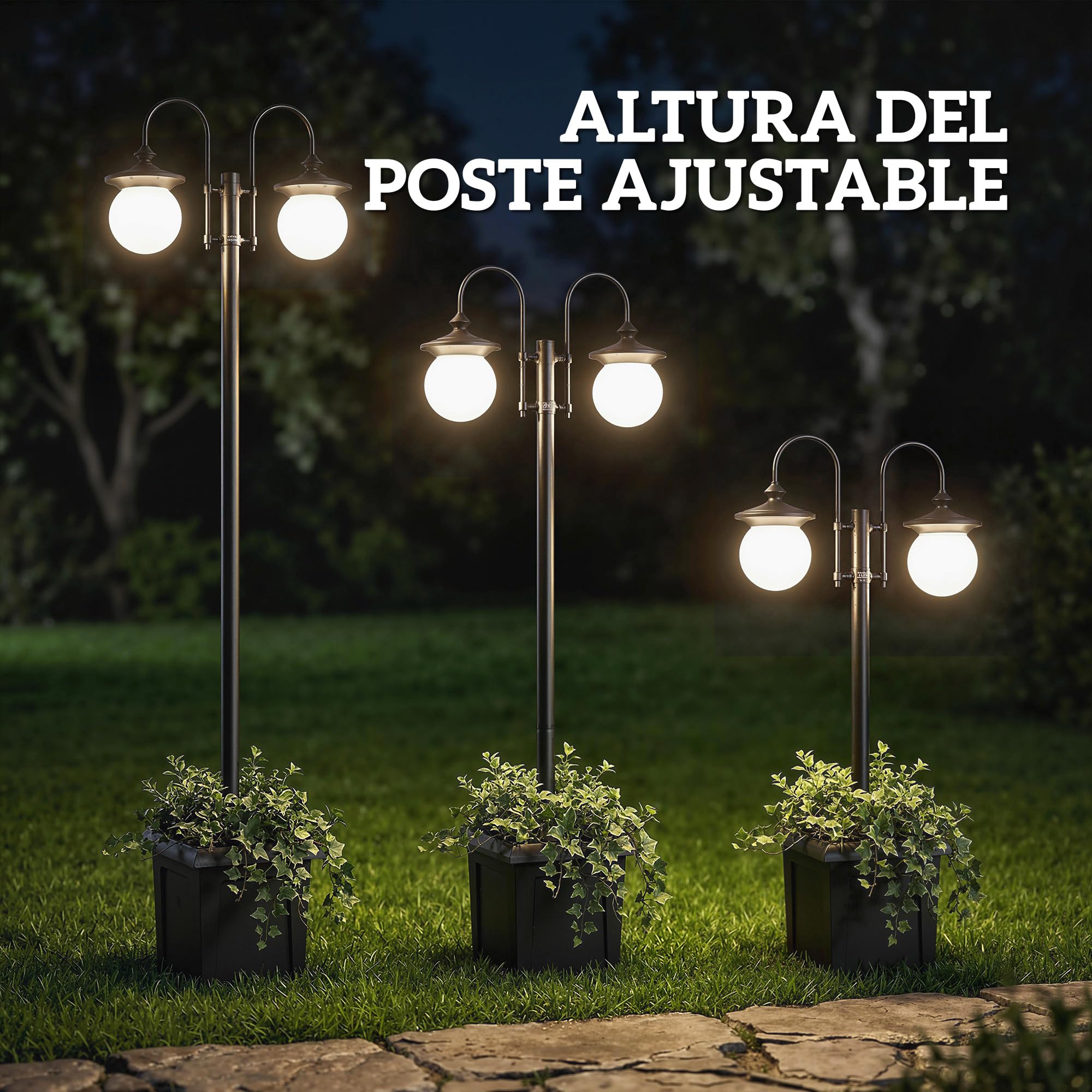 Outsunny Farola Solar Exterior de Jardín con Macetero 53,5x30x182cm Negro | 2 Cabezales, Impermeable IP44, Encendido/Apagado Automático, Altura Ajustable, Luz Solar de Exterior LED, Terraza Patio