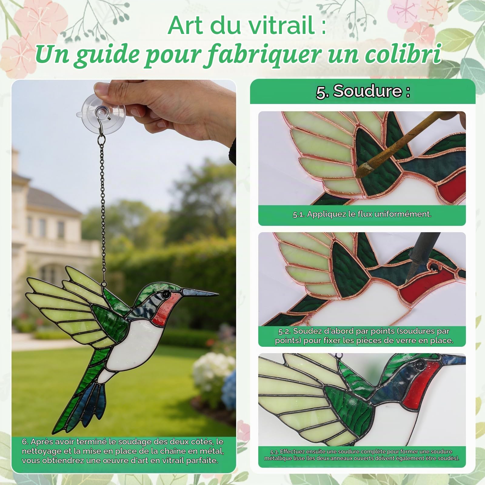 Kit DIY de vitrail, pièces en verre avec feuille de cuivre, pour décoration