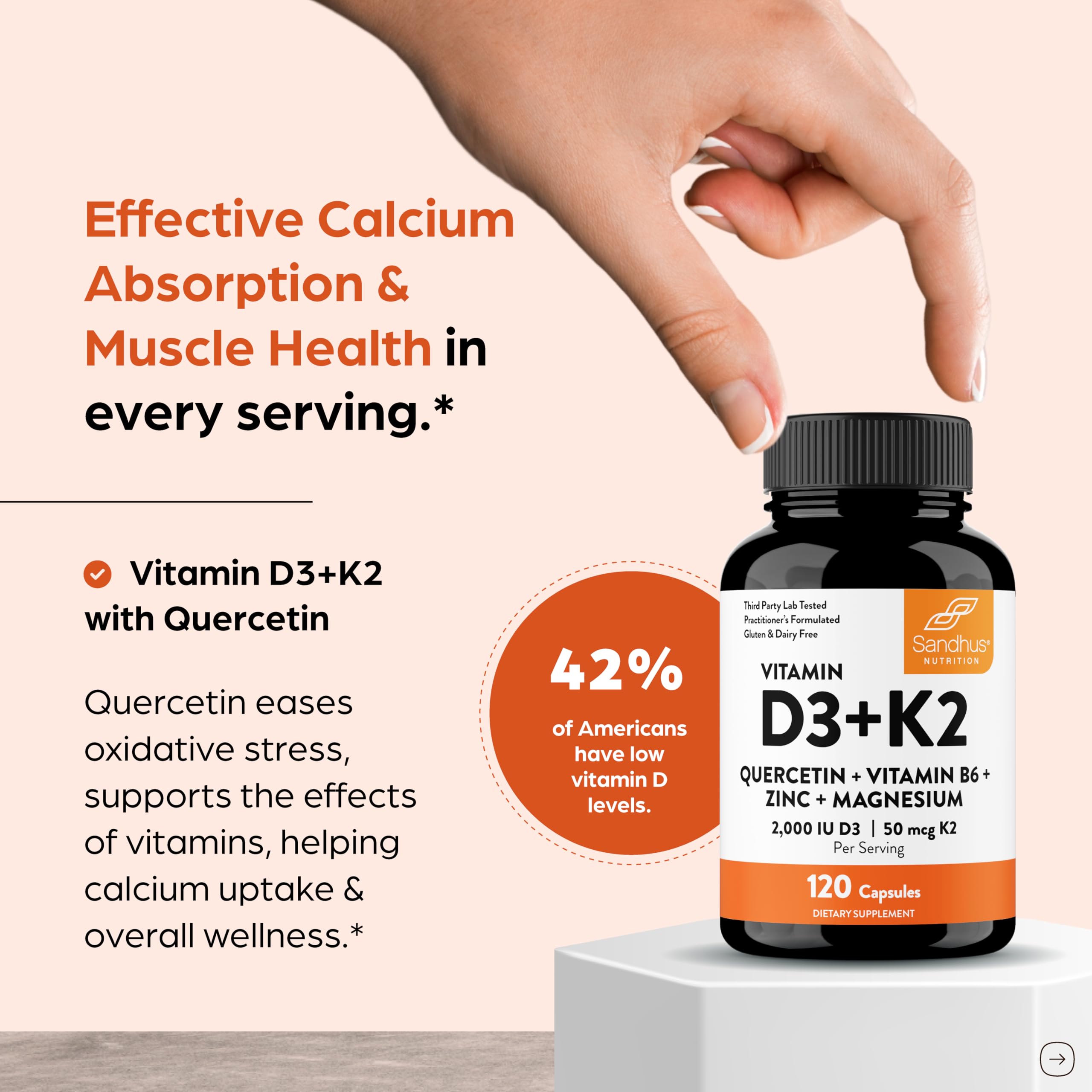 Vitamin D3 K2 2000 IU 120mcg Magnesium Zinc B6 Quercetin Capsules 120 Count — Amazon image 2