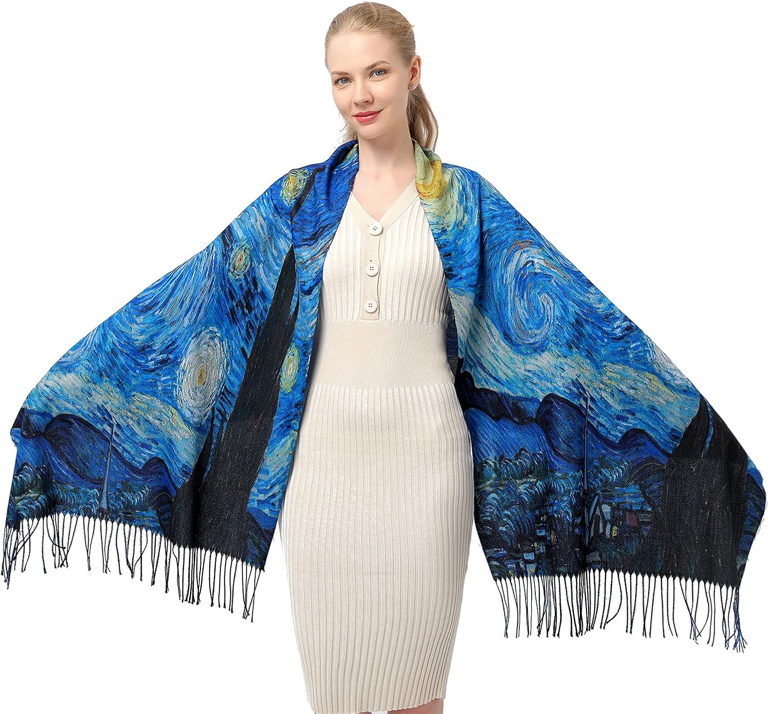 XINYUN Women's Fashion Scarf with Art Printed Tassel Soft Cashmere Warm Large Blanket Wrap Shawl for gift - Image 6