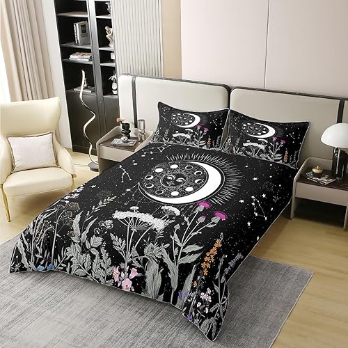 Miniatura 3 de Juego de funda de edredón con diseño de sol y luna, 100 % algodón, tamaño matrimonial, 1 panel, estilo bohemio exótico, galaxia exótica, juego de