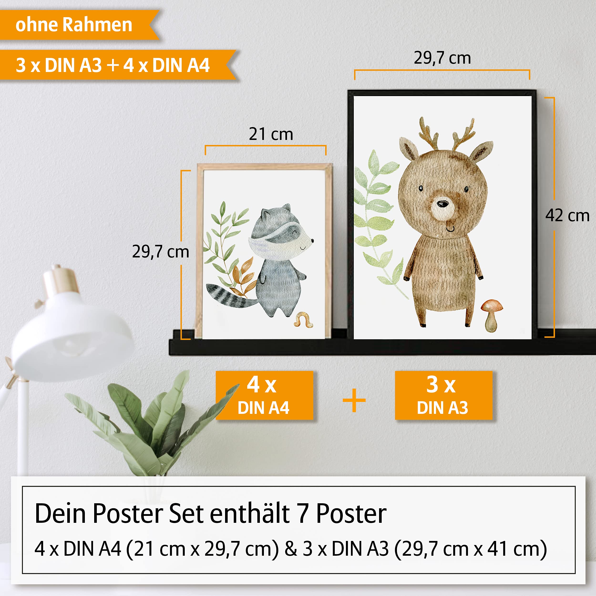 Hyggelig Home Set di poster di alta qualità, 7 immagini per la cameretta dei bambini, motivo animali, astratto, set acquerello