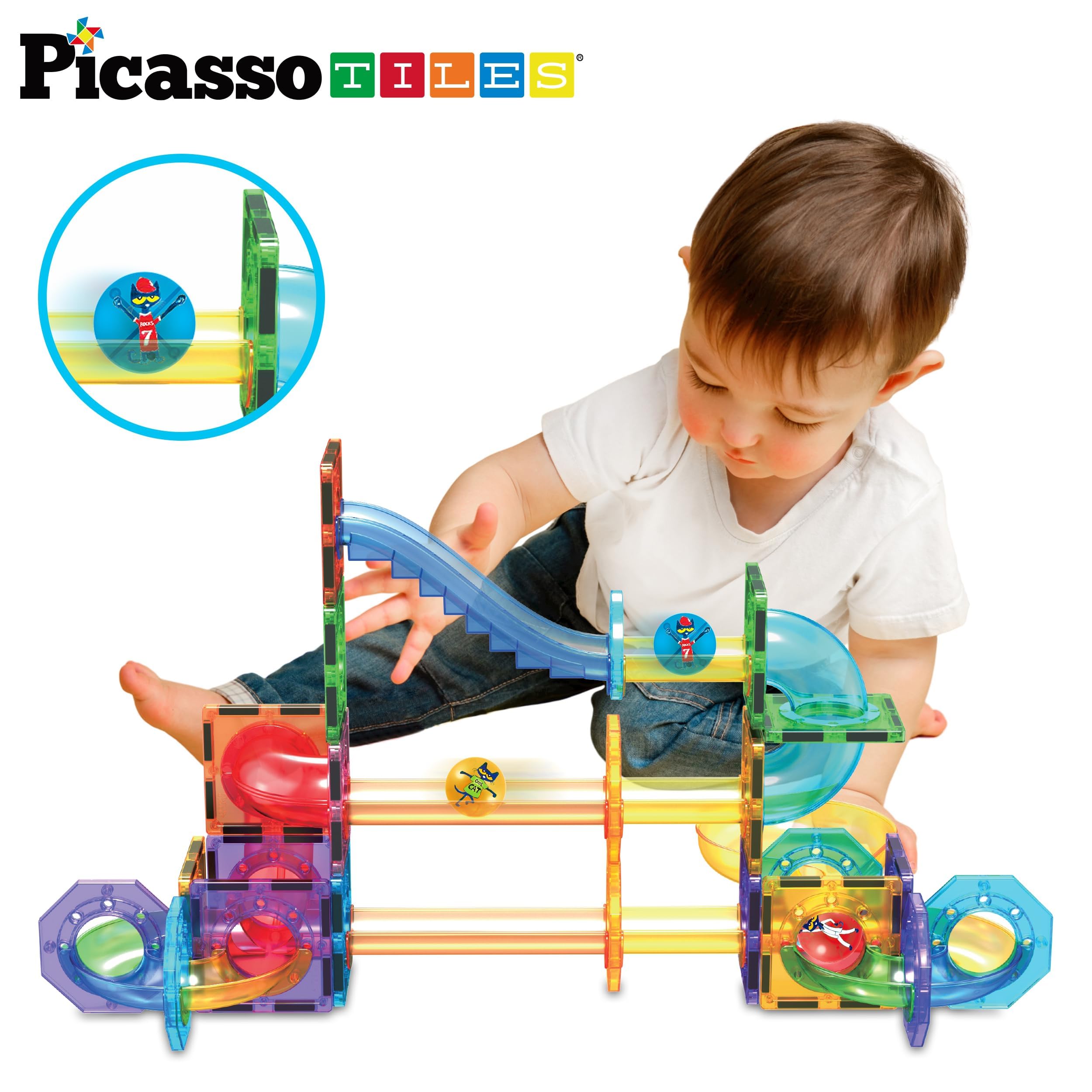 PicassoTiles Magnet Marble Run Tiles Pete The Cat Themed Character Marbles for Magnetic Building Block Construction Tile Maze Structures STEM Learning Pretend Play Fun Toys Girls Boys Ages 3+ PTG02