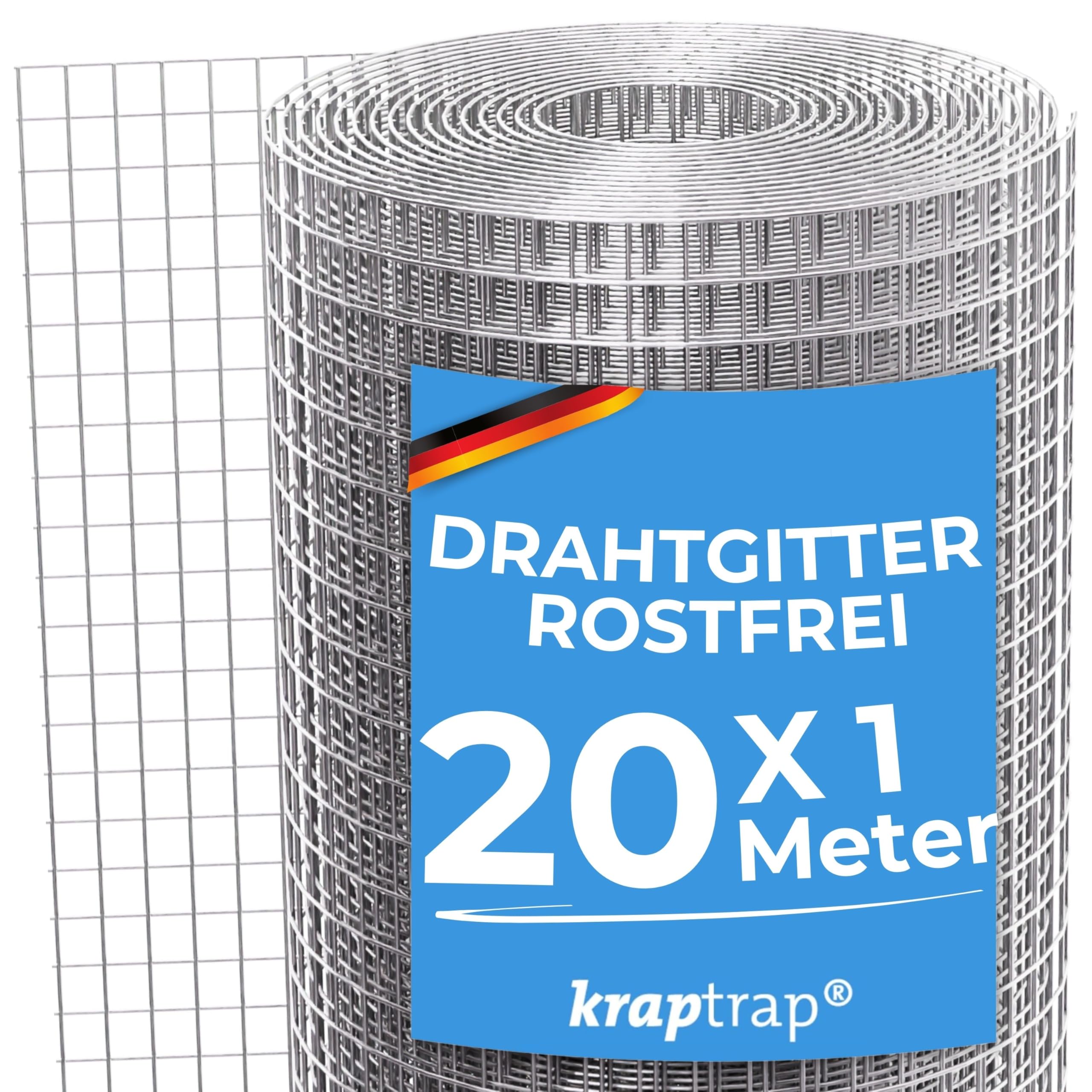 KrapTrap Volierendraht Drahtgitter, verzinkt, 20 m x 1 m, 12 x 12 mm, stabiler Kaninchendraht, Wühlmausgitter, Vogeldraht