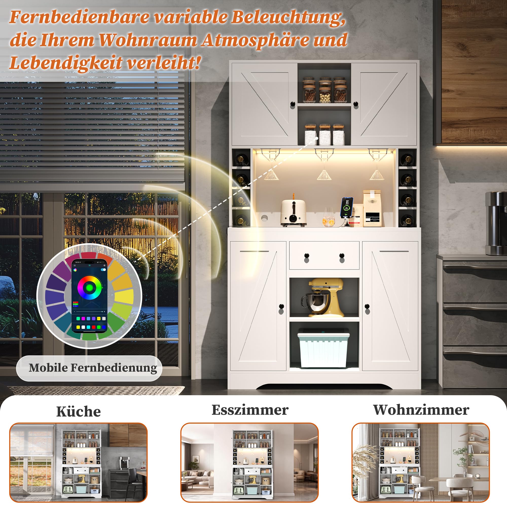 Armario de cocina con encimera, armario buffet con iluminación LED, enchufes, armario alto con soporte para copas de vino y compartimentos para botellas de vino, armario alto para comedor