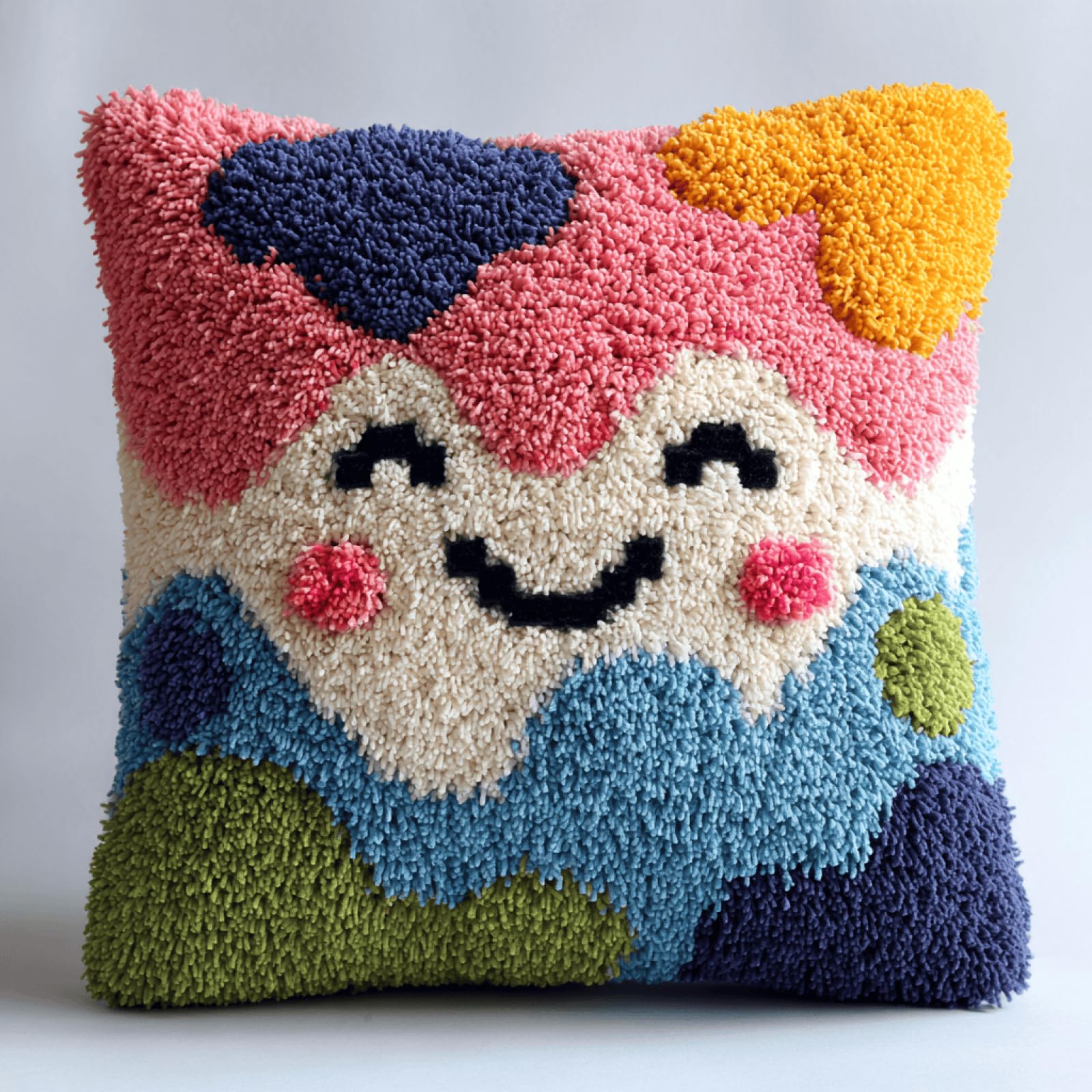 Taxpy Handmade Cute Smiley Face Cushion Craft Kit for Beginners,17x17in Latch Hook Pillow Cover Set with Yarn and Hook,Gift for Adults,Teens and Craft Lovers