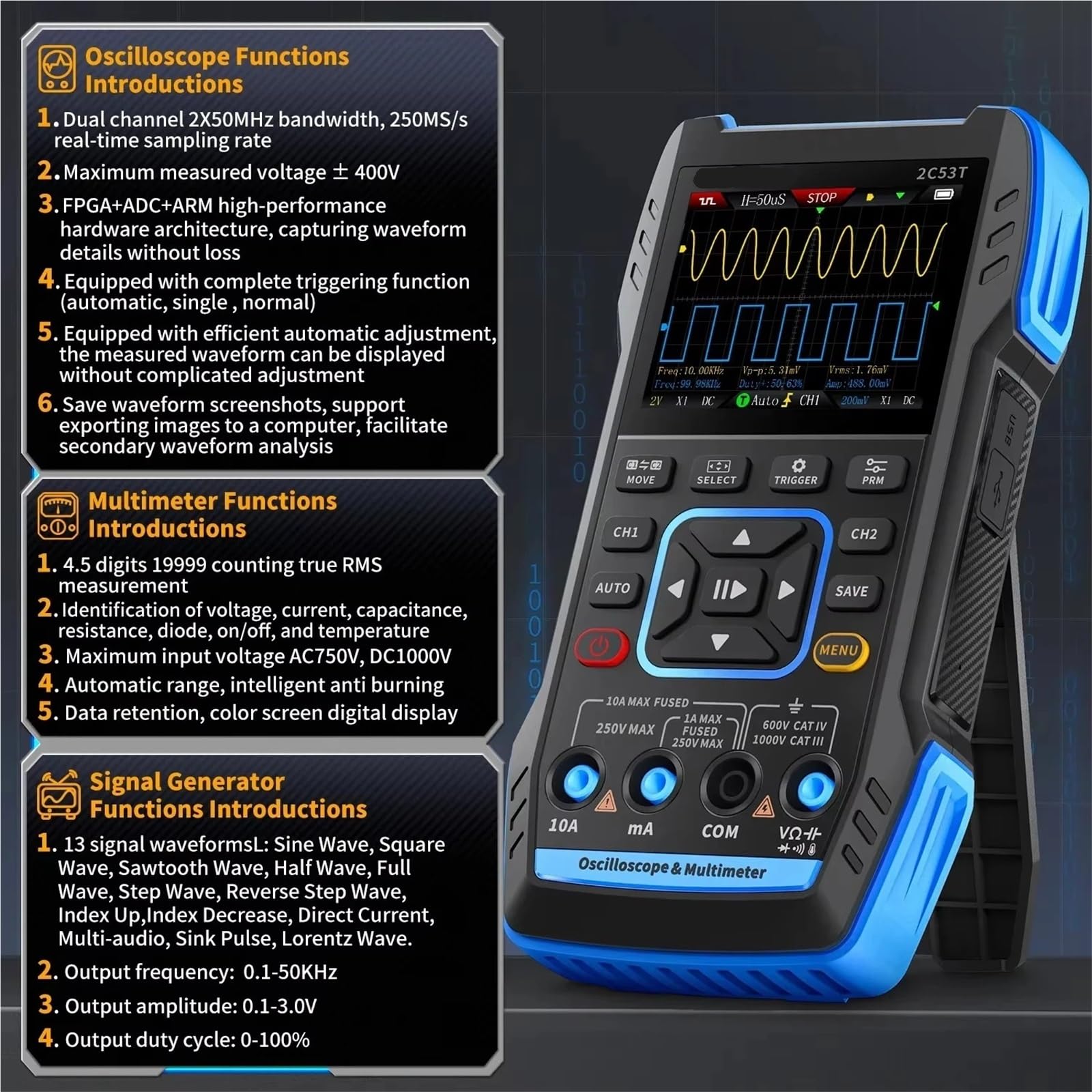 Oszilloskop-Multimeter 2C53T 3in1 Oszilloskop Multimeter Signal Generator 50MHz Bandbreite 250MS Rate Dual Channel 20000 Zählt,zur Messung