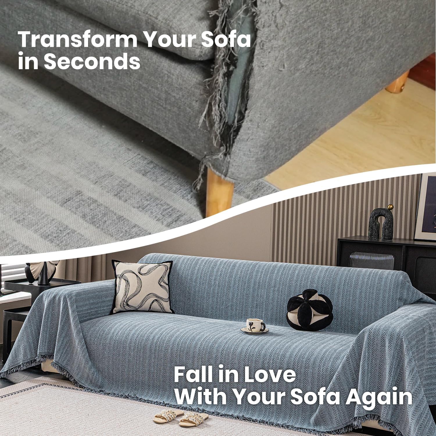 Nobildonna Sofa Cover Washable Soft Thicken Chenille Couch Cover with Tassel,Waterproof Sofa Slipcovers for 2 Cushion Couch,Loveseat,Futon Couch Furniture Protector Pet-Friendly,Dusty Blue 71"x102"