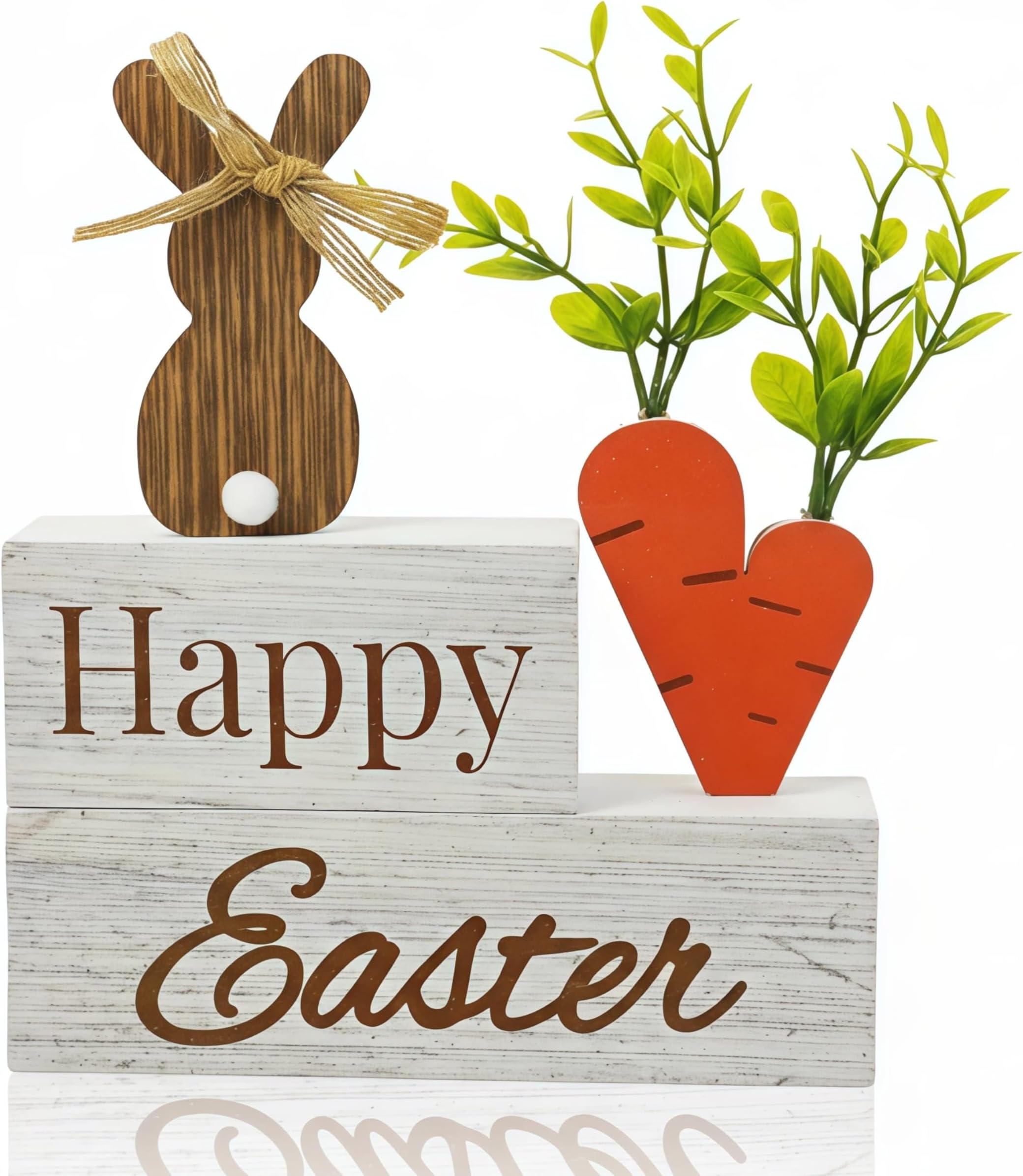 Wooden Easter Decorations for Home, Happy Easter Table Decor Stacked Blocks, Vintage Farmhouse Wooden Bunny Decor for Bathroom Home Party Mantel Office Tiered Tray