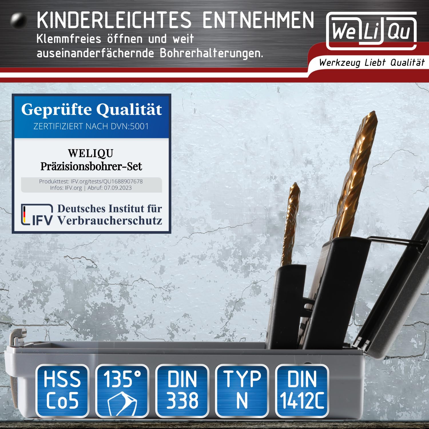 WELIQU Metallbohrer Set HSS-E Cobalt Pro 19-teilig - M35 Spiralbohrer-Set - 1-10mm, 0,5mm Schritte - Selbstzentrierend für Edelstahl, Stahl, Eisen usw.