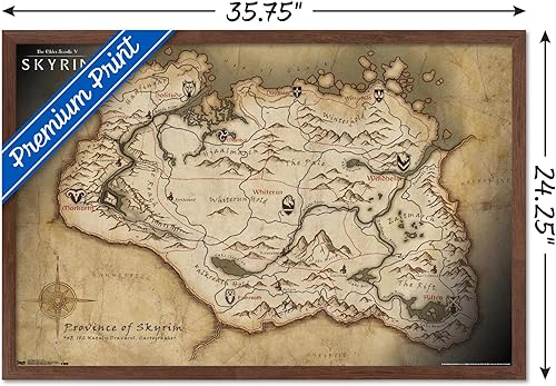 Vista 32 de The Elder Scrolls V: Skyrim - Póster de pared de mapa, 34 pulgadas de largo x 22.4 pulgadas de ancho, versión enmarcada de madera de granero Versión