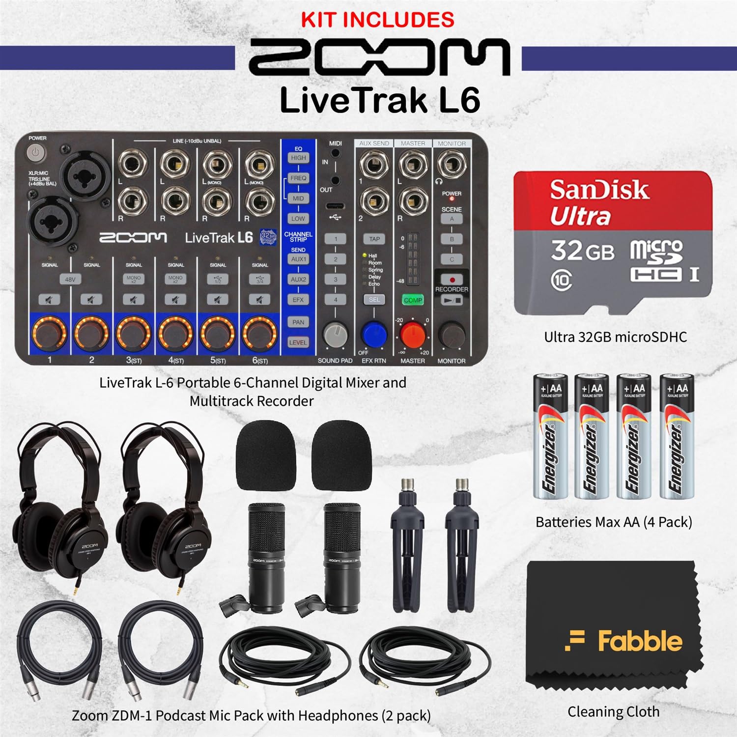 Zoom LiveTrak L6 Recording Bundle – 10-Channel Digital Mixer, 2 ZDM-1 Podcast Mic Packs, 32GB microSDHC Card, AA Alkaline Batteries, Microfiber Cleaning Cloth
