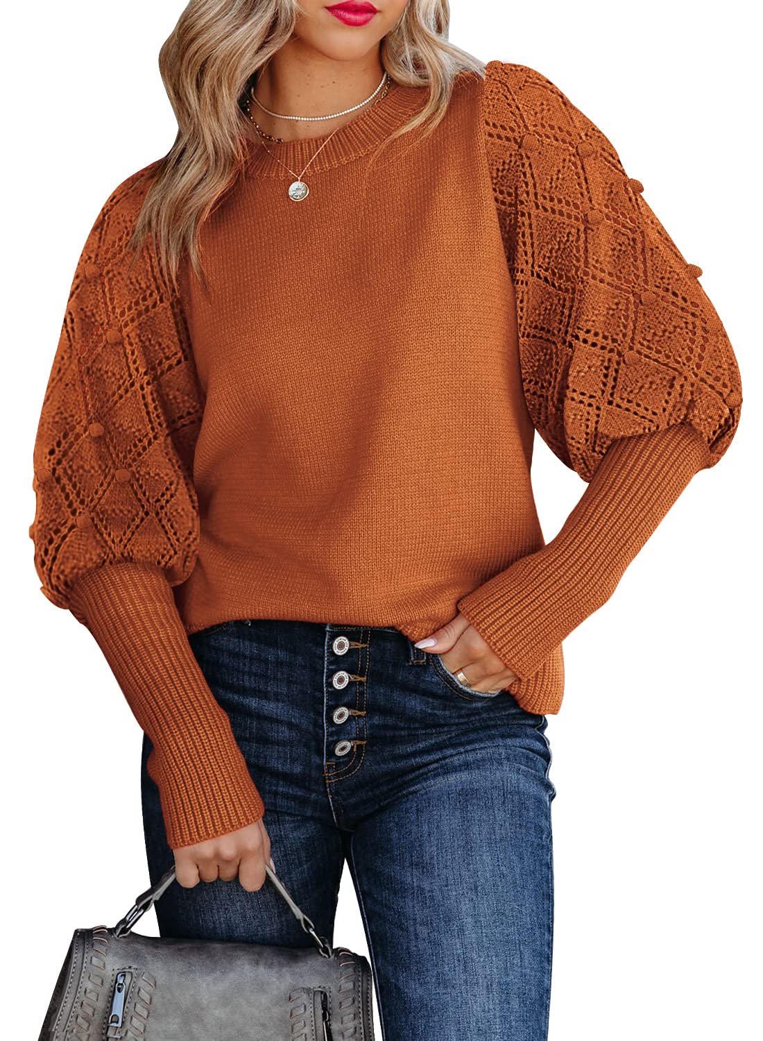 Kikula Women's Puff Long Sleeve Sweaters Cute Pom Pom Crochet Crewneck Knit  Sweater Jumpers Tops