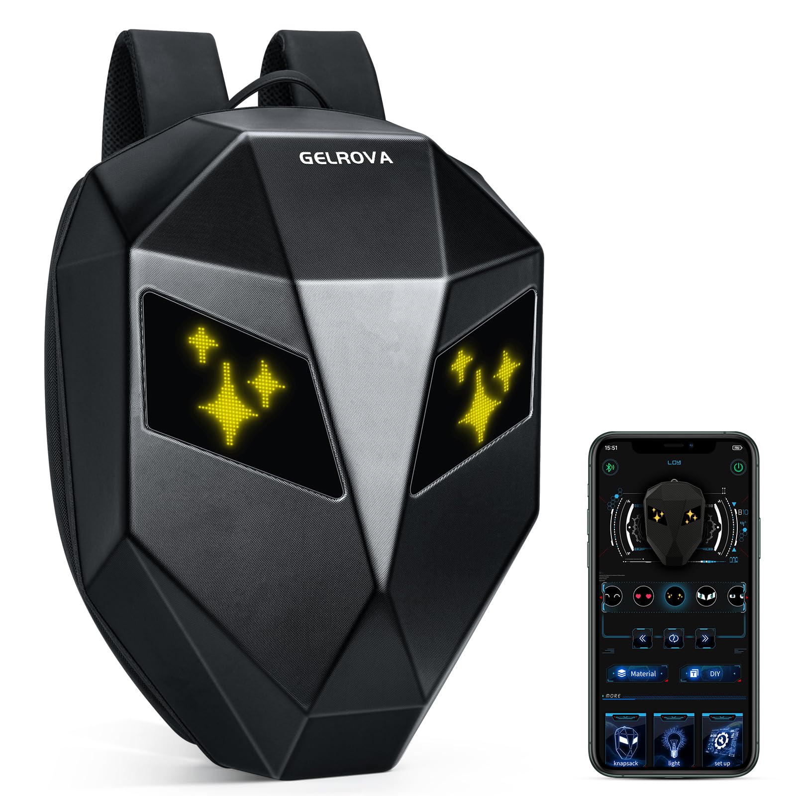 Grelrova Sac à dos de moto avec yeux LED, noir, Small size 17in, Sacs à dos Knight