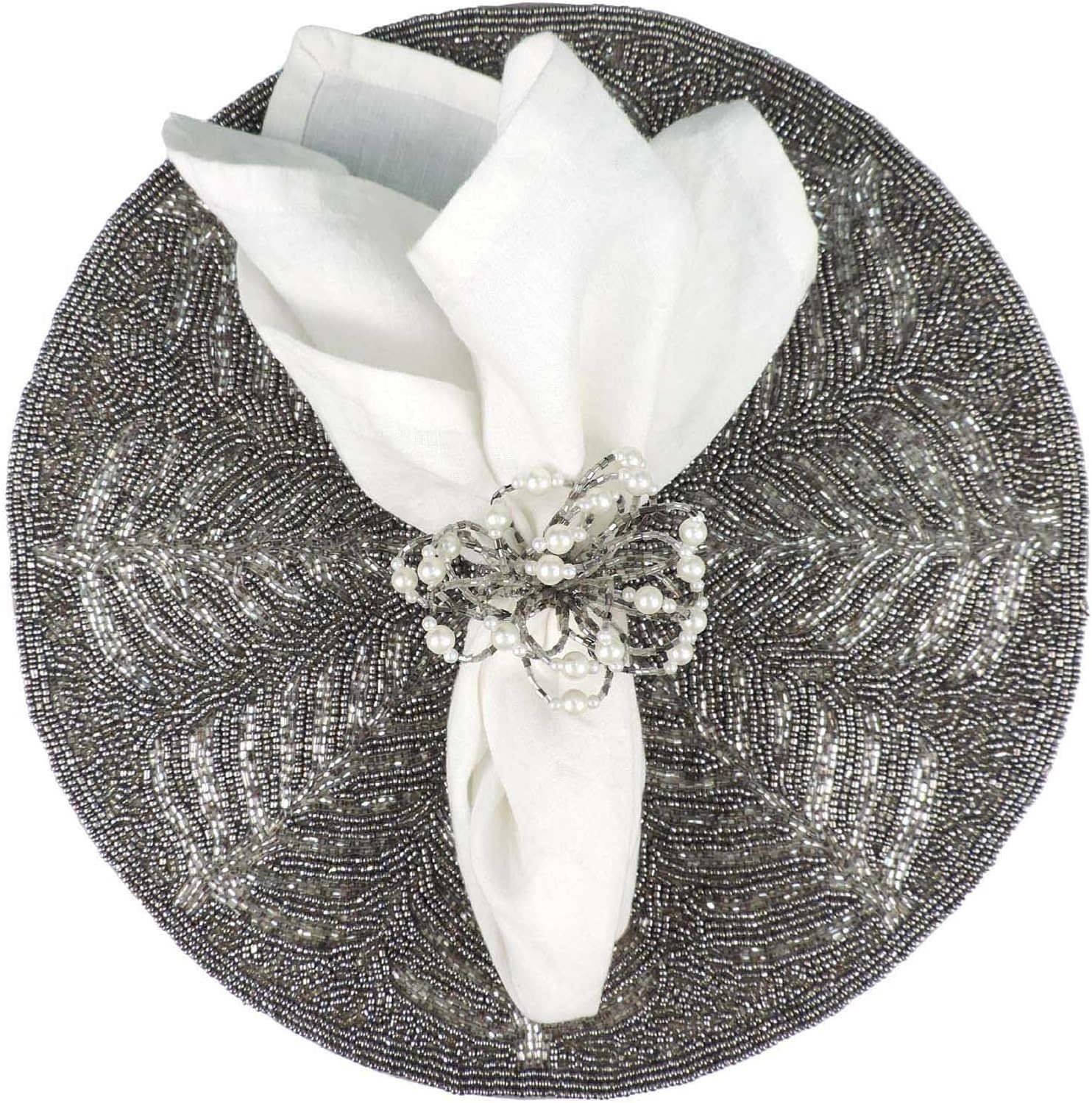 Handmade Beaded Placemat, Embroidered Tree of Life Tablemat in Smoke and Silver, Beaded Charger Placemat, Winter Tabletop Décor - Set of 2