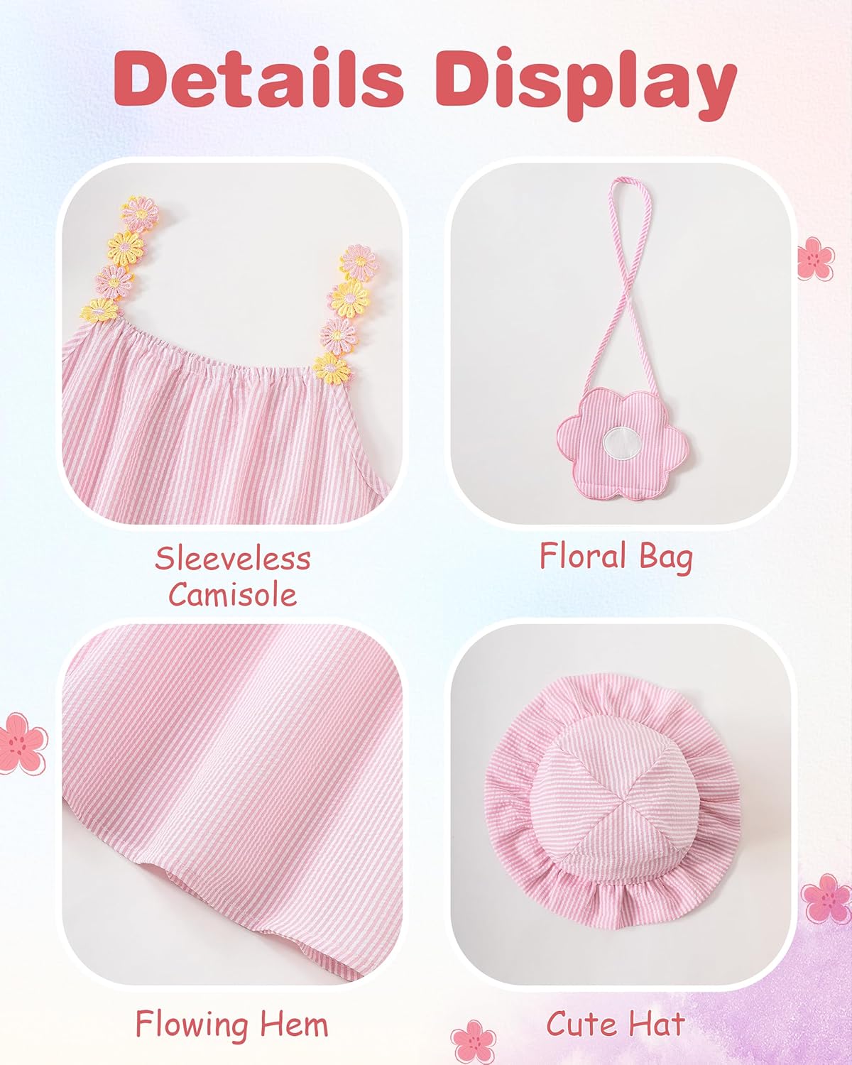 Toddler Girls Summer Dresses 3-Pieces Casual Sleeveless Sundress Girls' Flower Strap Dress with Bag and Hat Outfits - Image 5