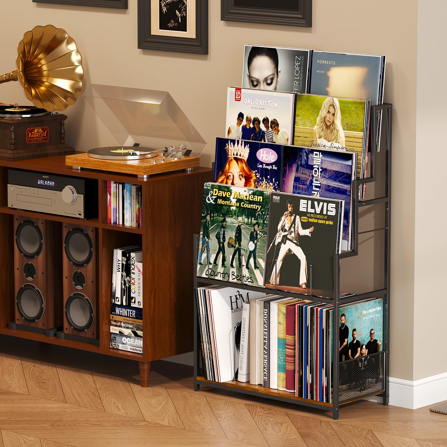 Soporte de almacenamiento de discos de vinilo de 5 niveles con estante de exhibición de discos, organizador de vinilo de gran capacidad, almacenamiento de 250-320 álbumes, estante de metal para LP, CD
