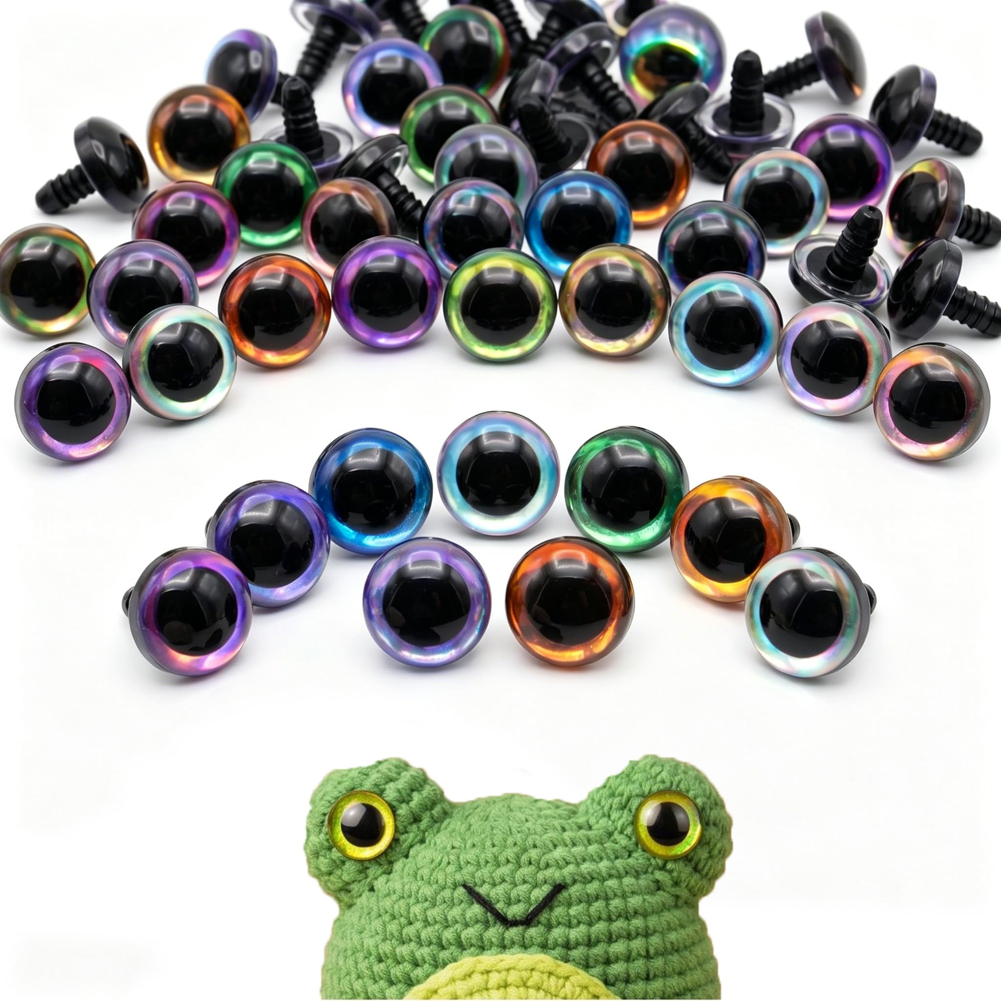 36Pcs 16mm Holographic Safety Eyes for Crochet Toys, 3D Glitter Amigurumi Eyes Push-in Design, Round Plastic Eyes for Animal Soft Toys, DIY Crochet Eyes for Teddy Bear Doll Puppet Crafts (0.63 Inch)